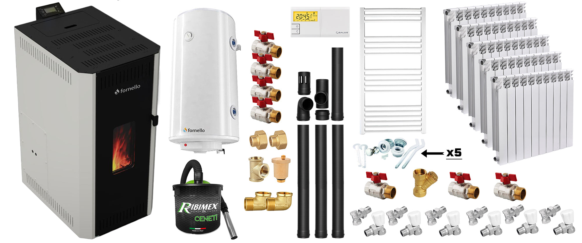 Pachet termosemineu pe peleti Fornello CALORE COMPACT 25 kW, pompa electronica, vas expansiune, arzator inox, grup de siguranta, kit evacuare 3.5 ml, termostat, aspiratior, boiler 100L, Radiatoare Aluminiu si Fitinguri montaj