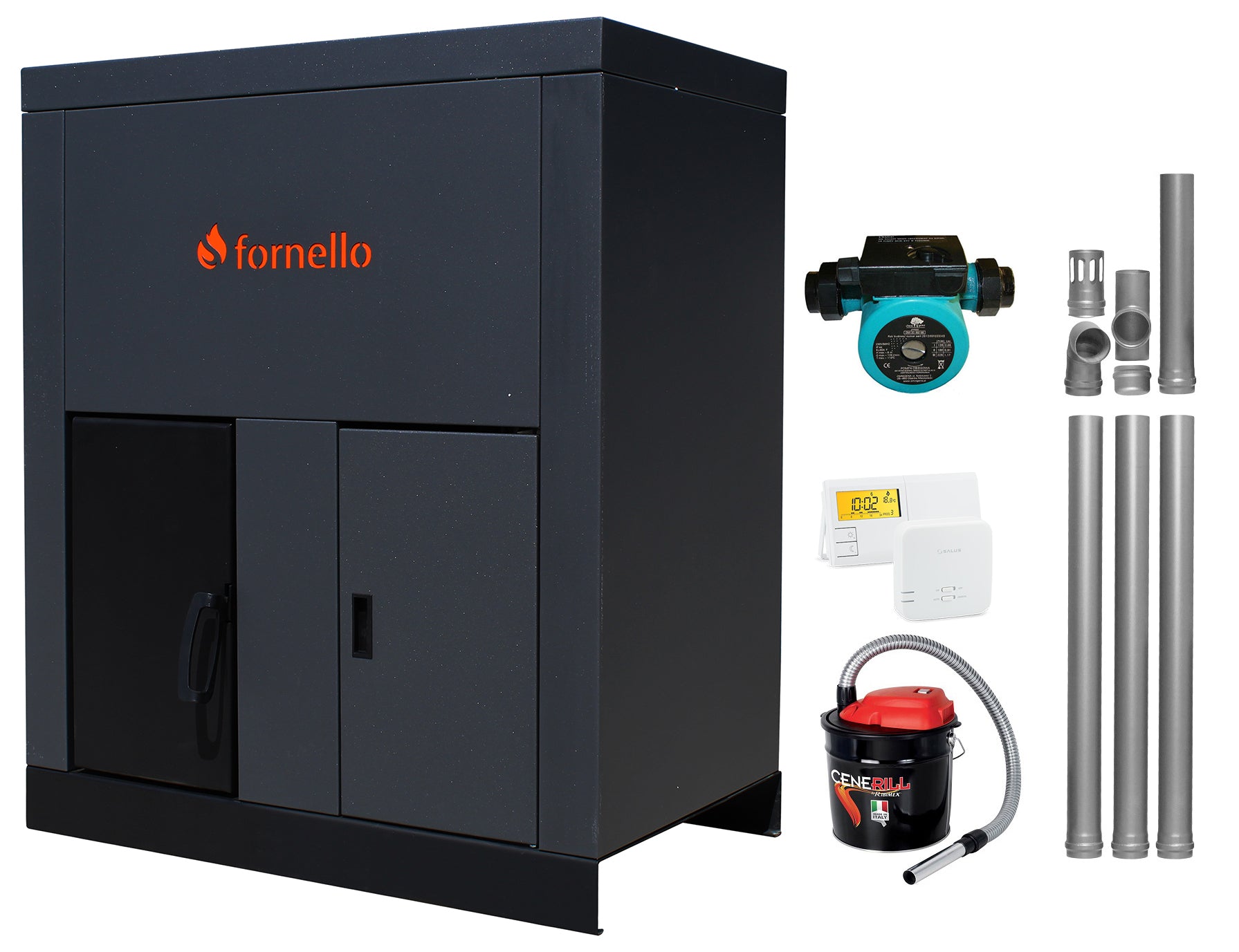 Pachet Centrala pe peleti Fornello Eco Energy 35 kW, echipata cu automatizare, afisaj digital, arzator fonta, curatare mecania a drumurilor de fum, buncar peleti integrat 75 kg, kit evacuare 3.5 ml, termostat ambient si aspirator cenusa