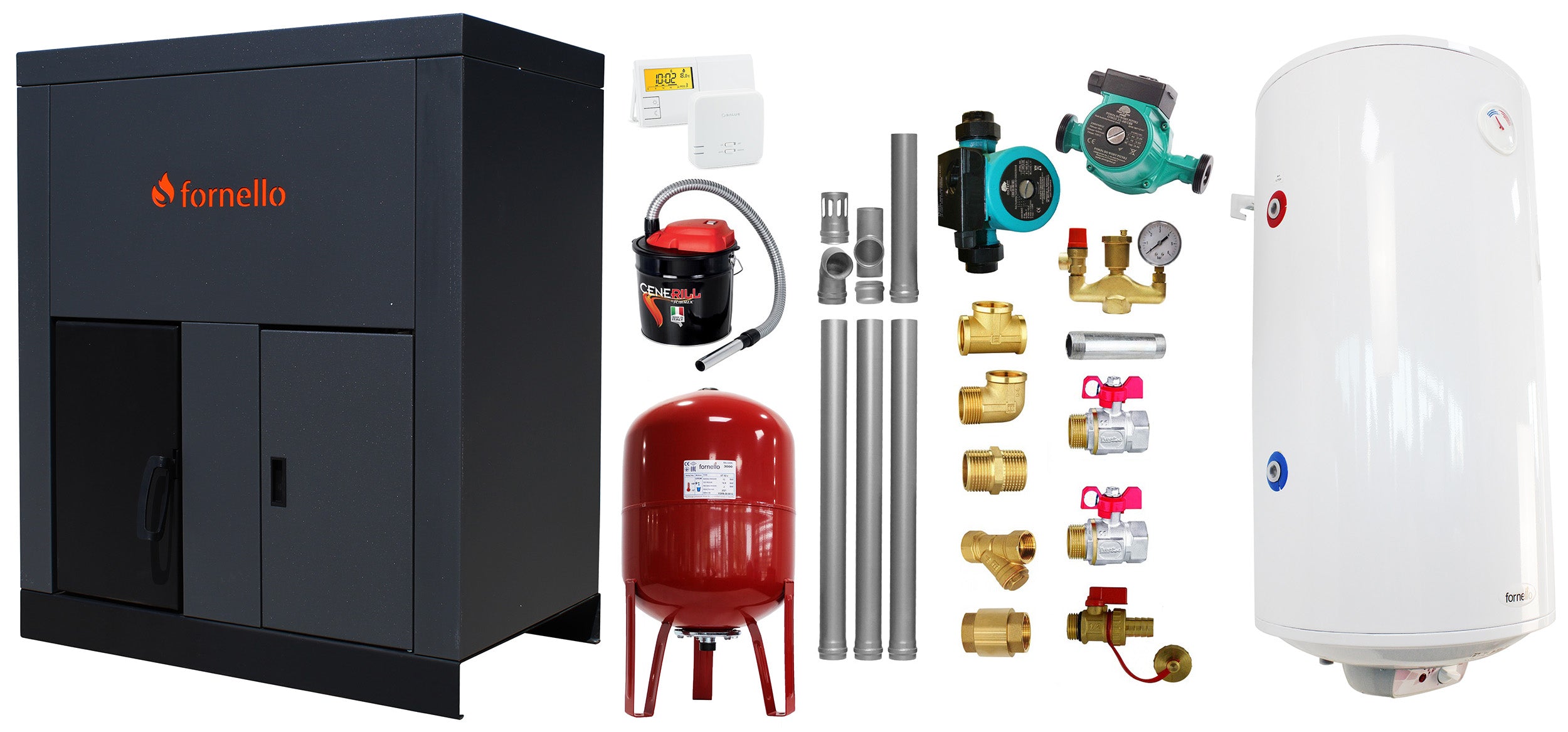 Pachet Centrala pe peleti Fornello Eco Energy 40 kW, echipata cu automatizare, pompa, afisaj digital, arzator fonta, curatare mecania a drumurilor de fum, buncar peleti integrat 100 kg, boiler termoelectric, kit evacuare, aspirator, termostat, vas ex
