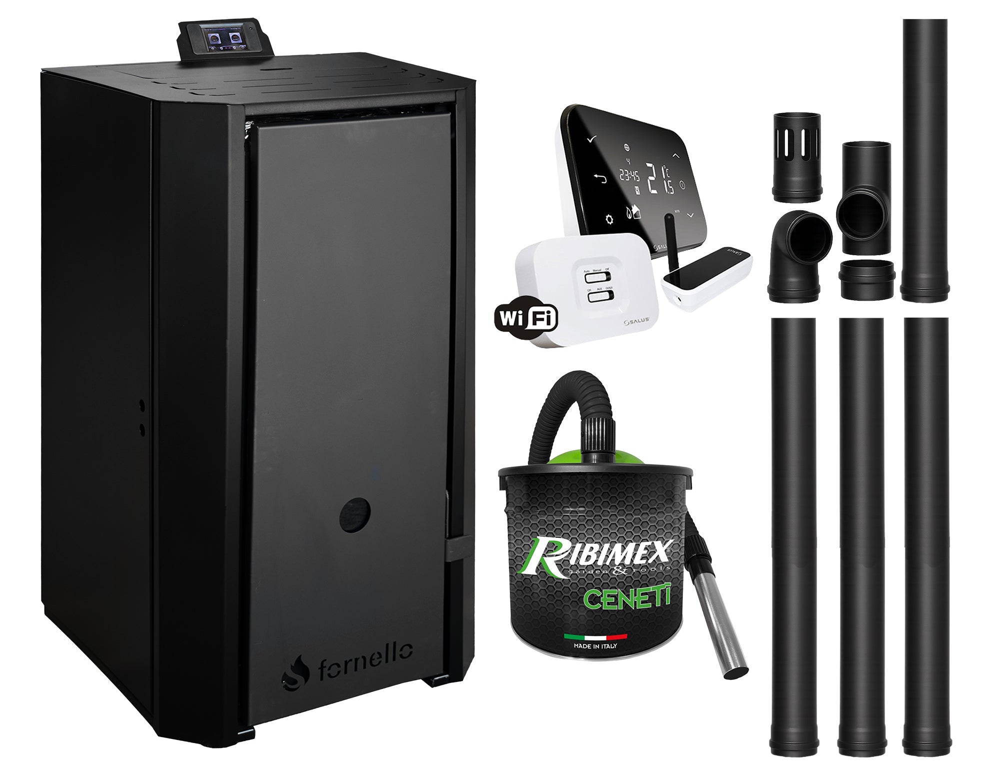Pachet Centrala pe peleti Fornello EVA B Black 25 KW, pompa circulatie, vas expansiune, Grup siguranta, WI-FI, buncar, tiraj fortat, kit evacuare, termostat Salus IT500, aspiratior, Clasa A++, recomandat pentru 160 mp, Negru