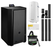 Pachet Centrala pe peleti Fornello EVA B Black 25 KW, pompa circulatie, vas expansiune, Grup siguranta, WI-FI, buncar, tiraj fortat, kit evacuare, termostat Salus 091FLRFV2, aspiratior, boiler 100L, Clasa A++, recomandat pentru 160 mp, Negru