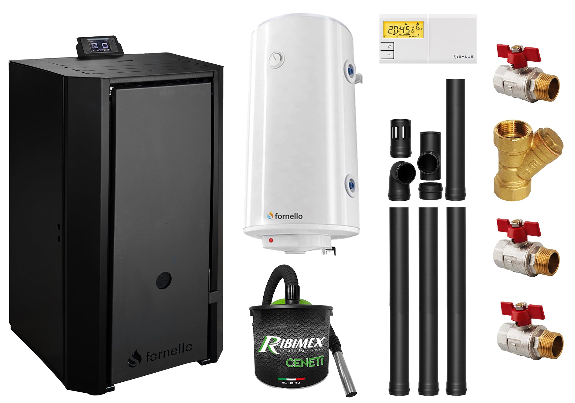 Pachet Centrala pe peleti Fornello EVA B Black 25 KW, pompa circulatie, vas expansiune, WI-FI, buncar, tiraj fortat, kit evacuare 3.5 ml, termostat, aspiratior, boiler 100L si Fitinguri montaj