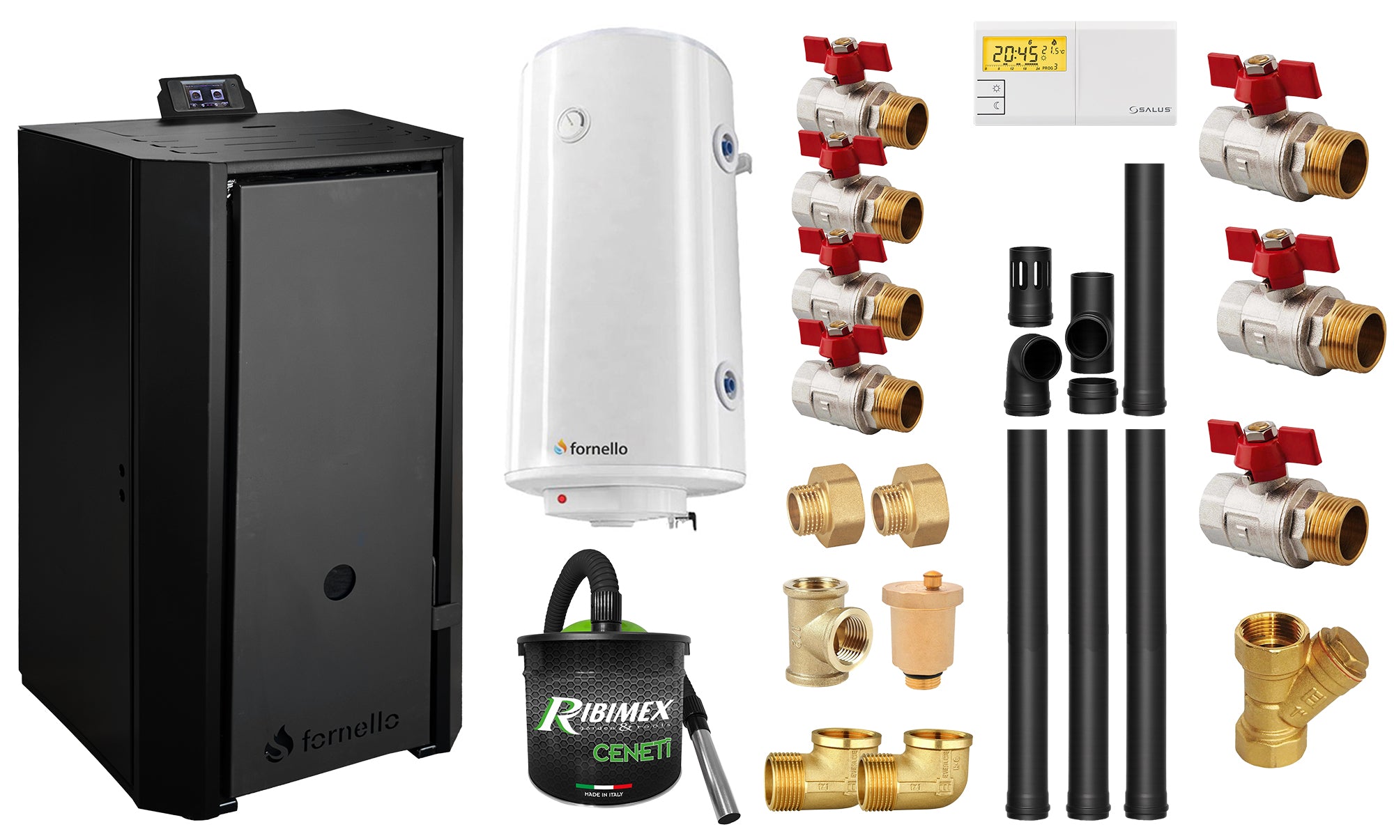 Pachet Centrala pe peleti Fornello EVA B Black 25 KW, pompa circulatie, vas expansiune, WI-FI, buncar, tiraj fortat, kit evacuare 3.5 ml, termostat, aspiratior, boiler 100L si Fitinguri montaj centrala/boiler