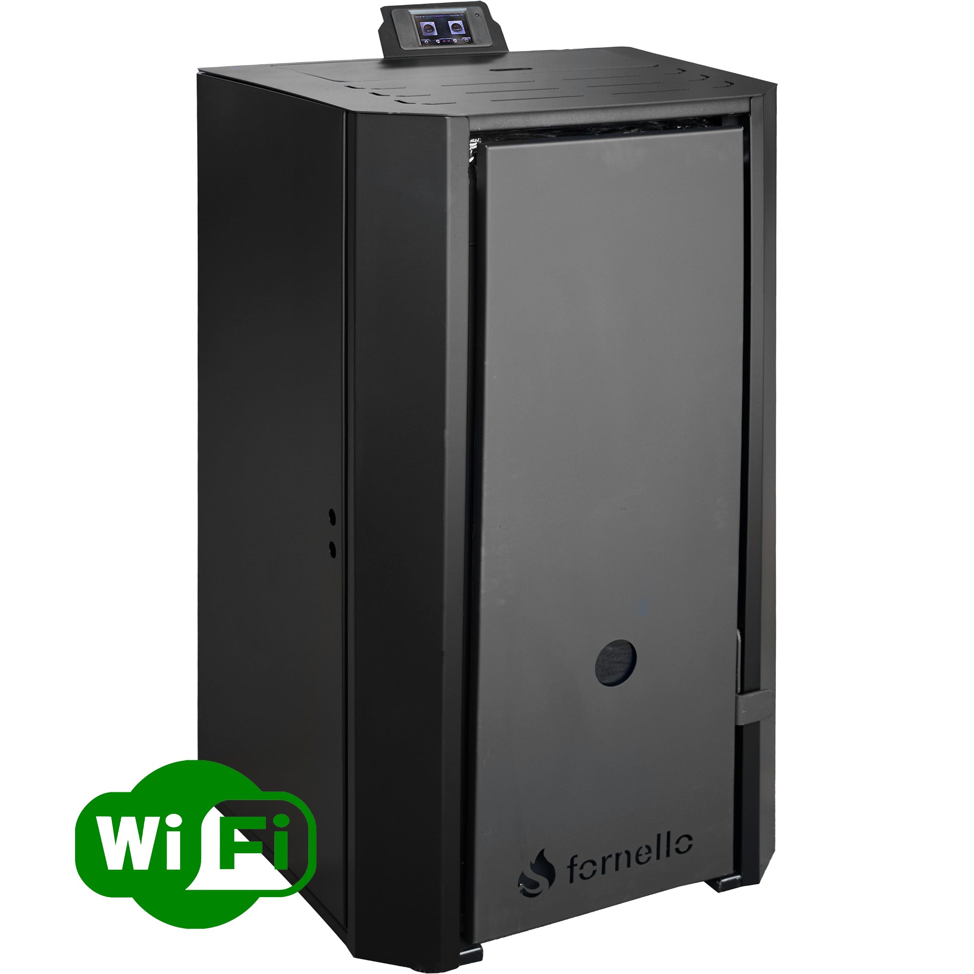 Pachet Centrala pe peleti Fornello EVA B Black 25 KW, pompa circulatie, vas expansiune, WI-FI, buncar, tiraj fortat, kit evacuare 3.5 ml, termostat, aspiratior, boiler 100L, Radiatoare otel si Fitinguri montaj