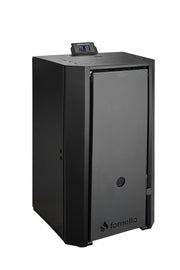 Pachet Centrala pe peleti Fornello EVA B Black 25 KW, pompa circulatie, vas expansiune, WI-FI, buncar, tiraj fortat, kit evacuare 3.5 ml, termostat, aspiratior, boiler 100L, Radiatoare otel si Fitinguri montaj