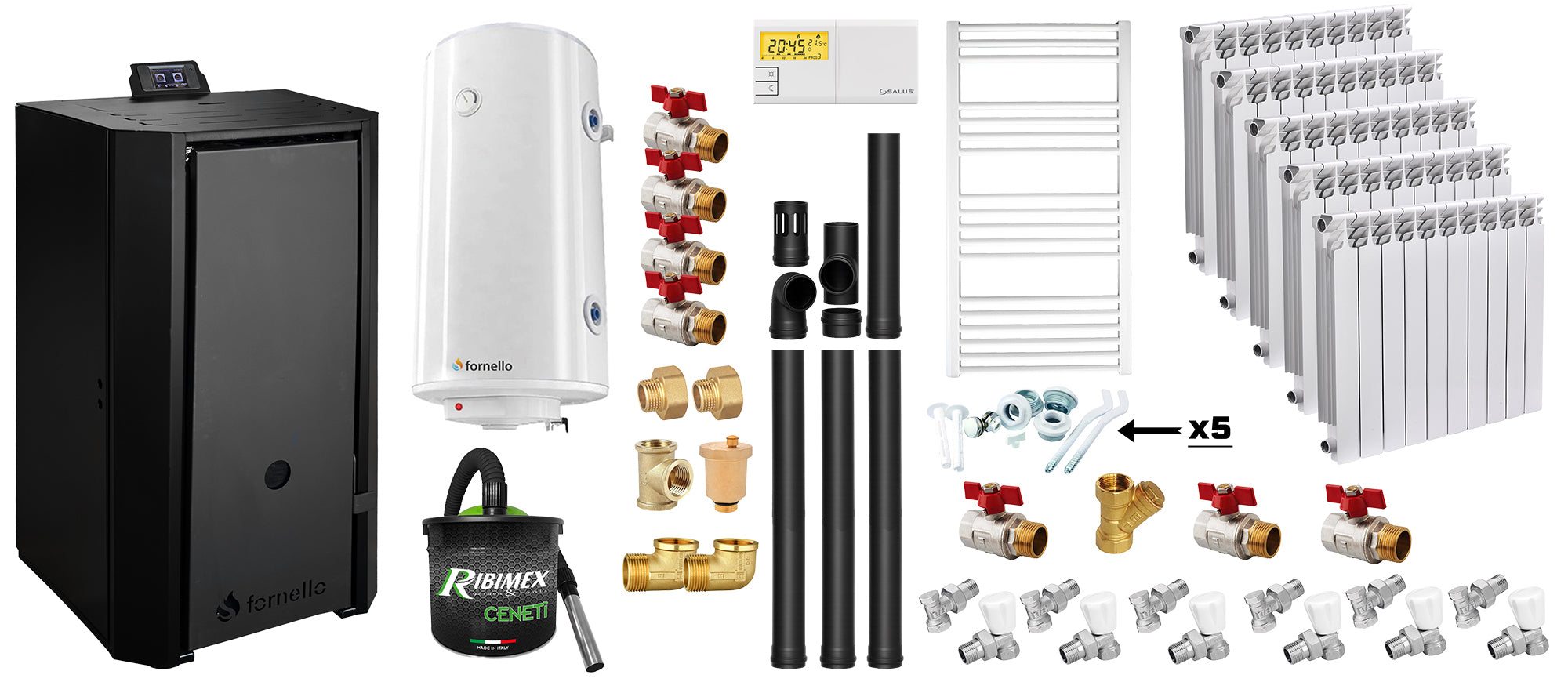 Pachet Centrala pe peleti Fornello EVA B Black 25 KW, pompa circulatie, vas expansiune, WI-FI, buncar, tiraj fortat, kit evacuare 3.5 ml, termostat, aspiratior, boiler 100L, Radiatoare Aluminiu si Fitinguri montaj