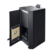 Pachet Centrala pe peleti Fornello EVA B Black 25 KW, pompa circulatie, vas expansiune, WI-FI, buncar, tiraj fortat, kit evacuare 3.5 ml, termostat, aspiratior, boiler 100L, Radiatoare Aluminiu si Fitinguri montaj