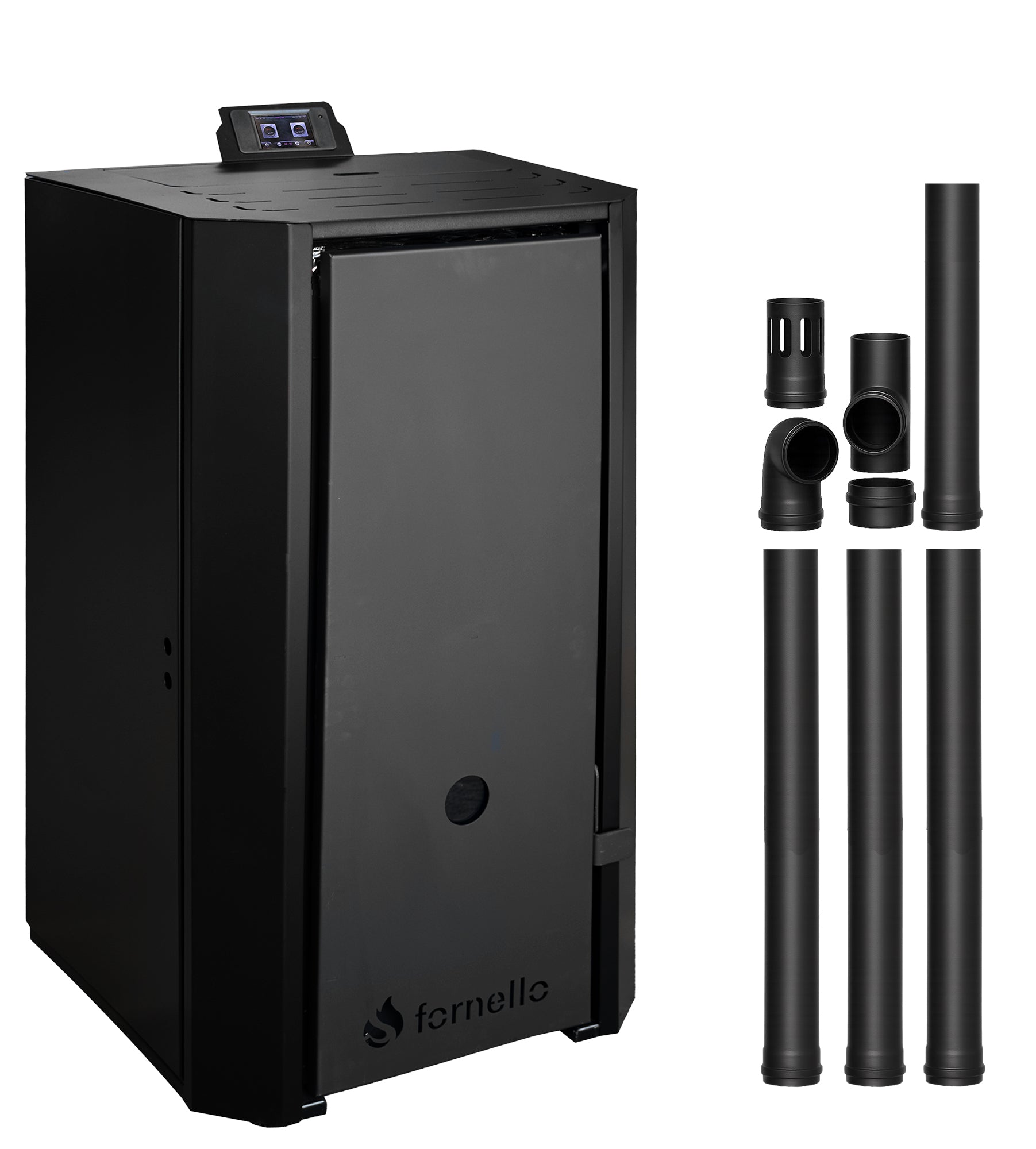 Pachet Centrala pe peleti Fornello EVA B Black 25 KW, pompa circulatie, vas expansiune, Grup siguranta, WI-FI, buncar, tiraj fortat, kit evacuare 3.5 ml, Clasa A++, recomandat pentru 160 mp, Negru