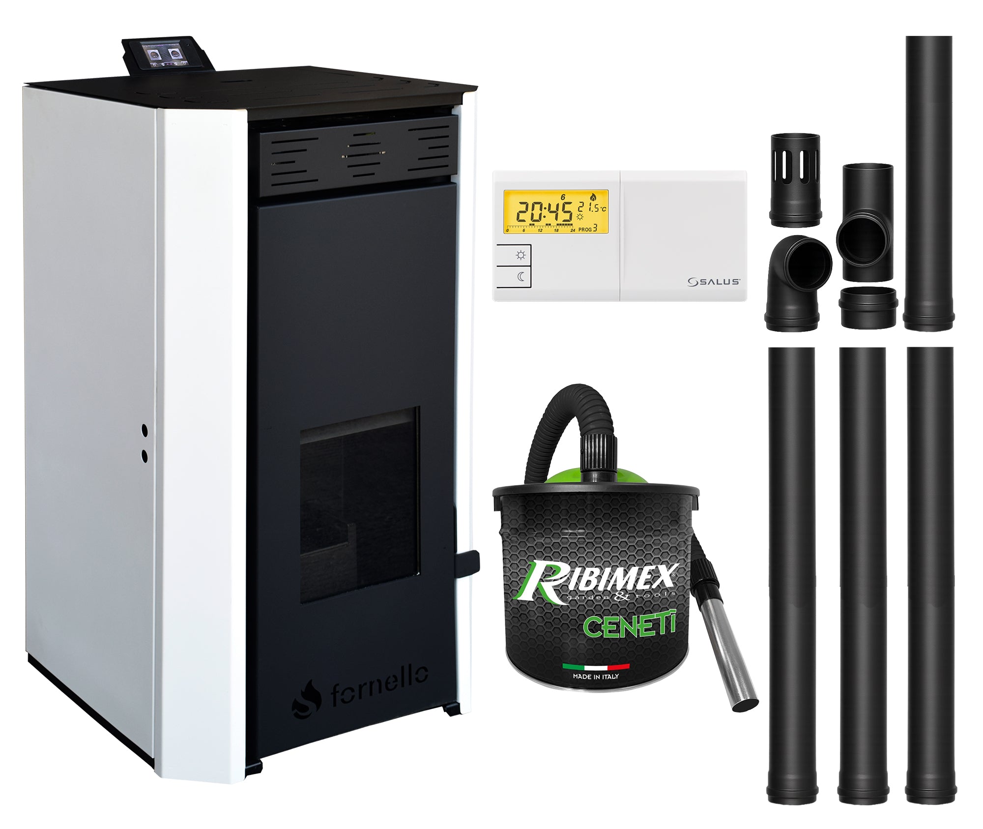 Pachet Termosemineu pe peleti Fornello EVA 25 KW, pompa circulatie, vas expansiune, Grup siguranta, WI-FI, buncar, tiraj fortat, kit evacuare, termostat Salus 091FLRFV2, aspiratior, Clasa A++, recomandat pentru 160 mp, Alb