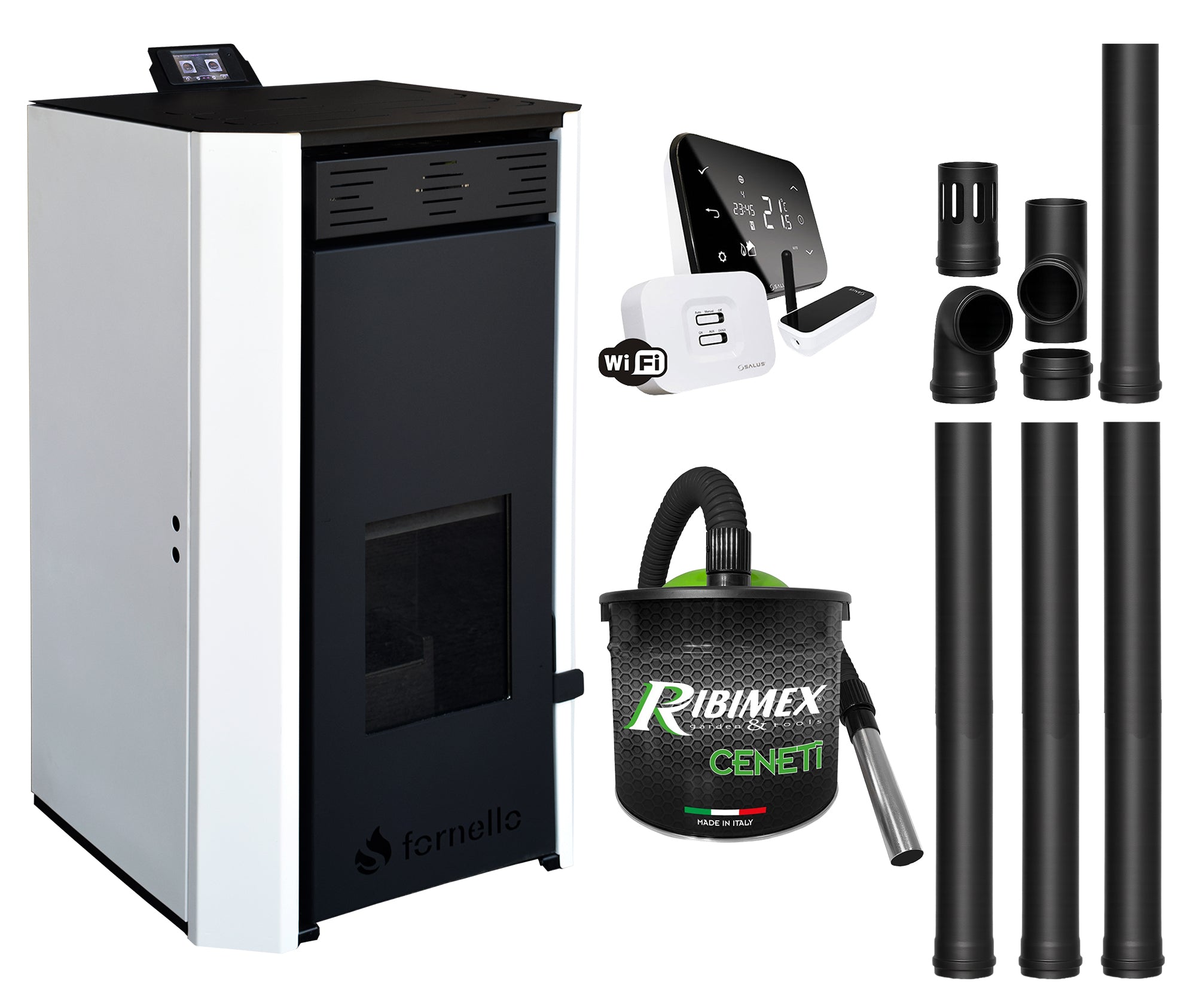 Pachet Termosemineu pe peleti Fornello EVA 25 KW, pompa circulatie, vas expansiune, Grup siguranta, WI-FI, buncar, tiraj fortat, kit evacuare, termostat Salus IT500, aspiratior, Clasa A++, recomandat pentru 160 mp, Alb