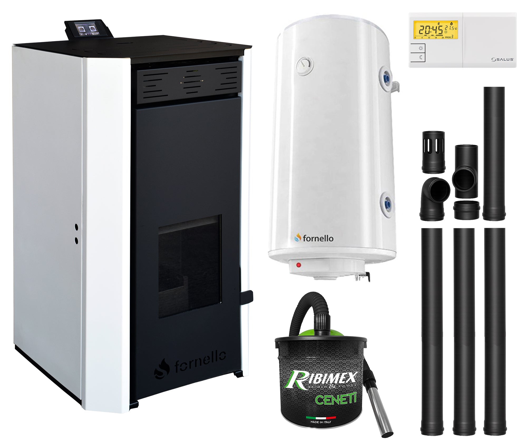 Pachet Termosemineu pe peleti Fornello EVA 25 KW, pompa circulatie, vas expansiune, Grup siguranta, WI-FI, buncar, tiraj fortat, kit evacuare, termostat Salus 091FLRFV2, aspiratior, boiler 100L, Clasa A++, recomandat pentru 160 mp, Alb