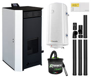 Pachet Termosemineu pe peleti Fornello EVA 25 KW, pompa circulatie, vas expansiune, Grup siguranta, WI-FI, buncar, tiraj fortat, kit evacuare, termostat Salus 091FLRFV2, aspiratior, boiler 100L, Clasa A++, recomandat pentru 160 mp, Alb