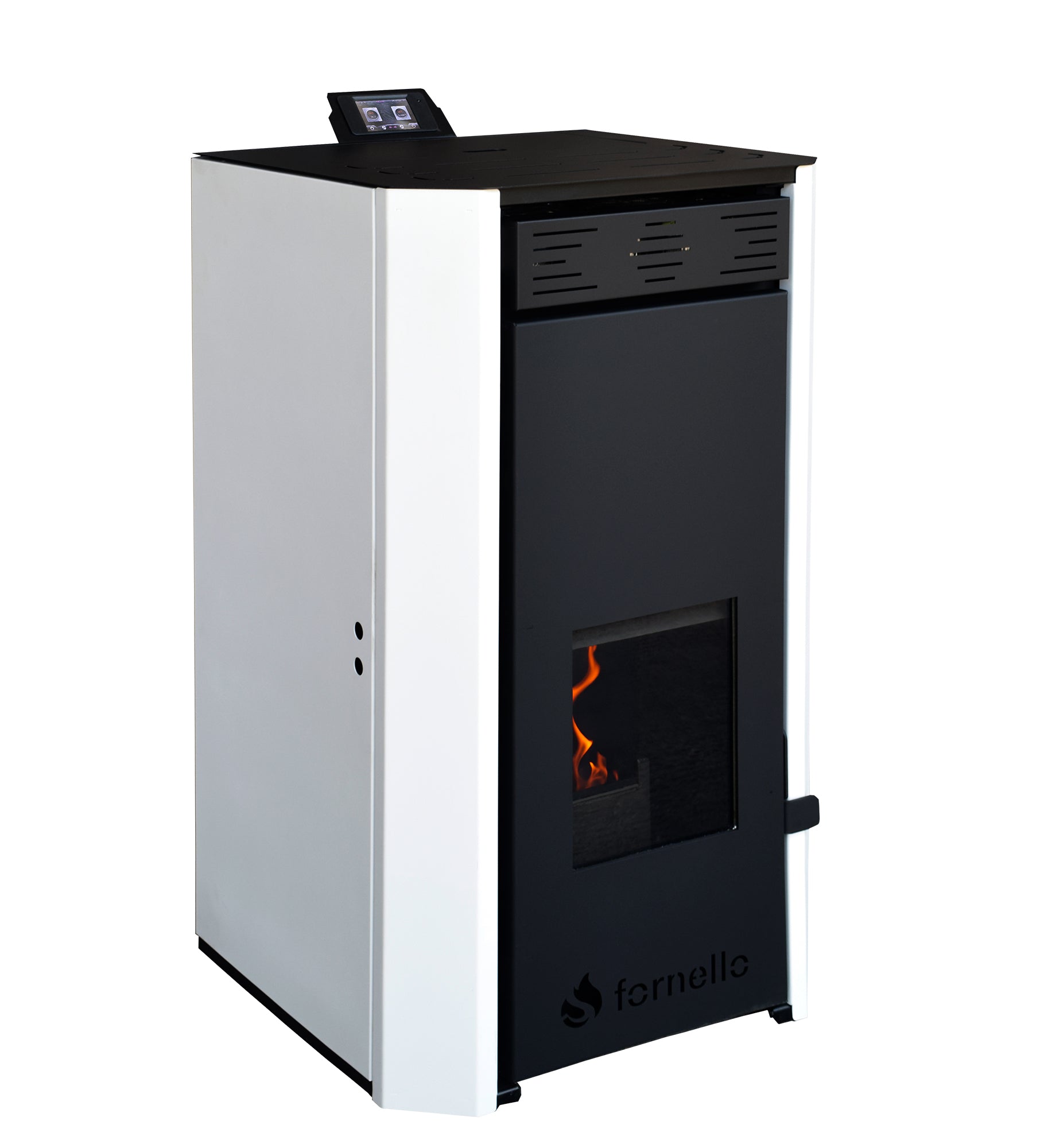 Pachet Termosemineu pe peleti Fornello EVA 25 KW, pompa circulatie, vas expansiune, Grup siguranta, WI-FI, buncar, tiraj fortat, kit evacuare, termostat Salus 091FLRFV2, aspiratior, boiler 100L, Clasa A++, recomandat pentru 160 mp, Alb