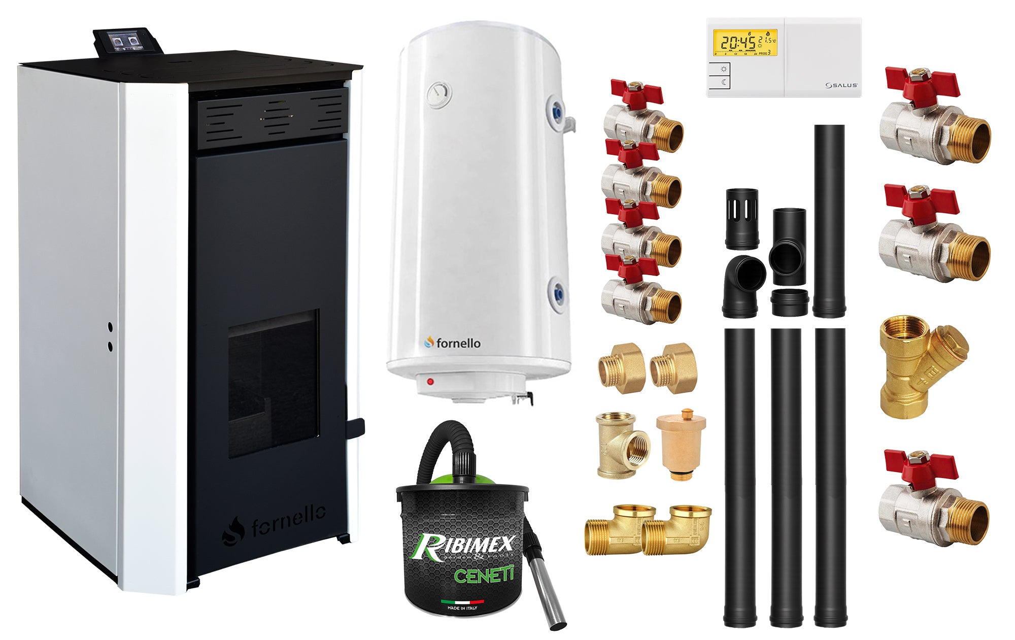 Pachet Termosemineu pe peleti Fornello EVA 25 KW, pompa circulatie, vas expansiune, WI-FI, buncar, tiraj fortat, kit evacuare 3.5 ml, termostat, aspiratior, boiler 100L si Fitinguri montaj centrala/boiler