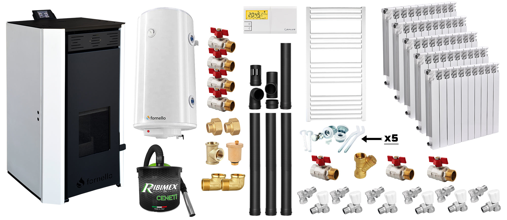 Pachet Termosemineu pe peleti Fornello EVA 25 KW, pompa circulatie, vas expansiune, WI-FI, buncar, tiraj fortat, kit evacuare 3.5 ml, termostat, aspiratior, boiler 100L, Radiatoare Aluminiu si Fitinguri montaj