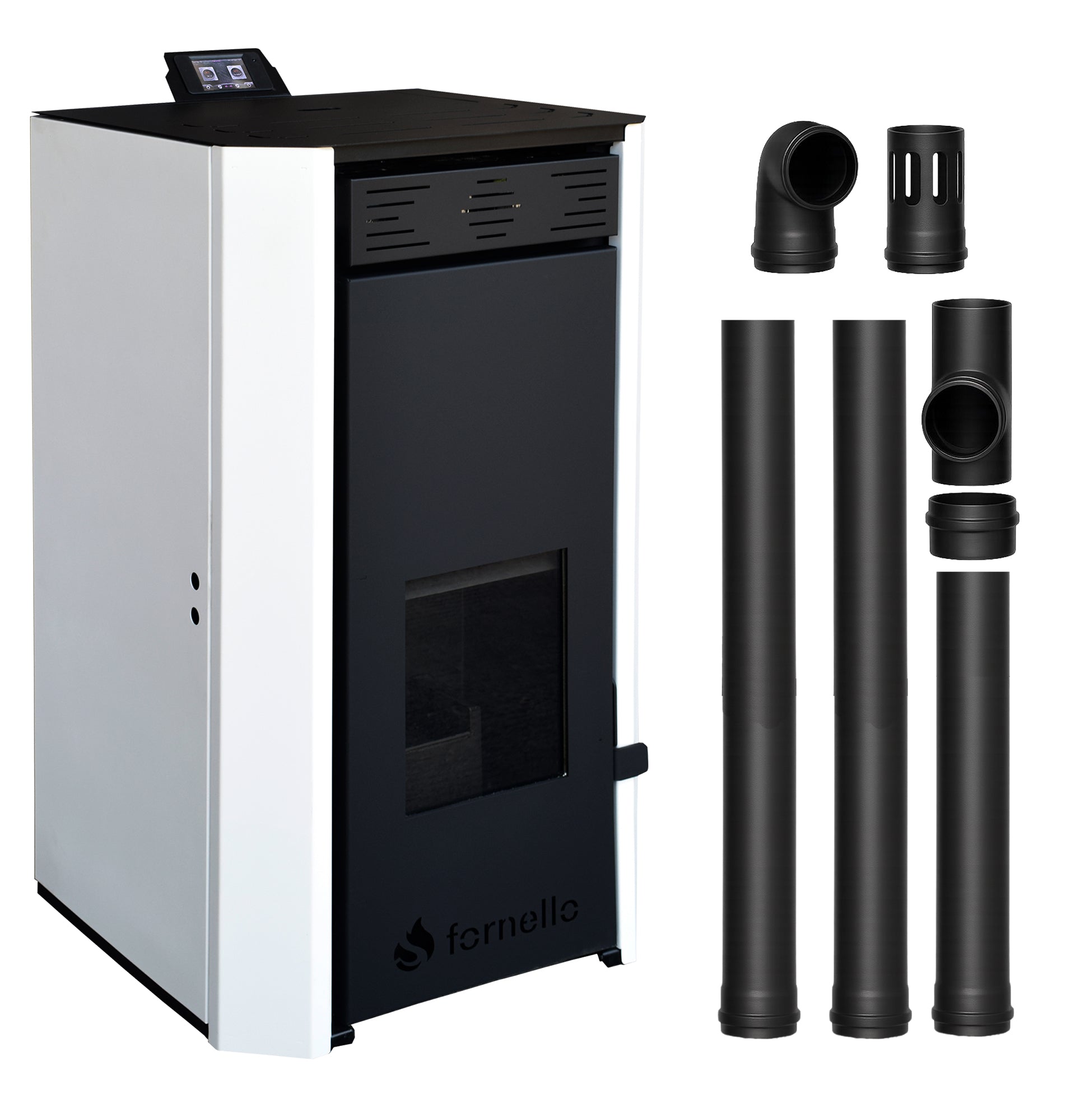 Pachet Termosemineu pe peleti Fornello EVA 25 KW, pompa circulatie, vas expansiune, Grup siguranta, WI-FI, buncar, tiraj fortat, kit evacuare 2.5 ml, Clasa A++, recomandat pentru 160 mp, Alb