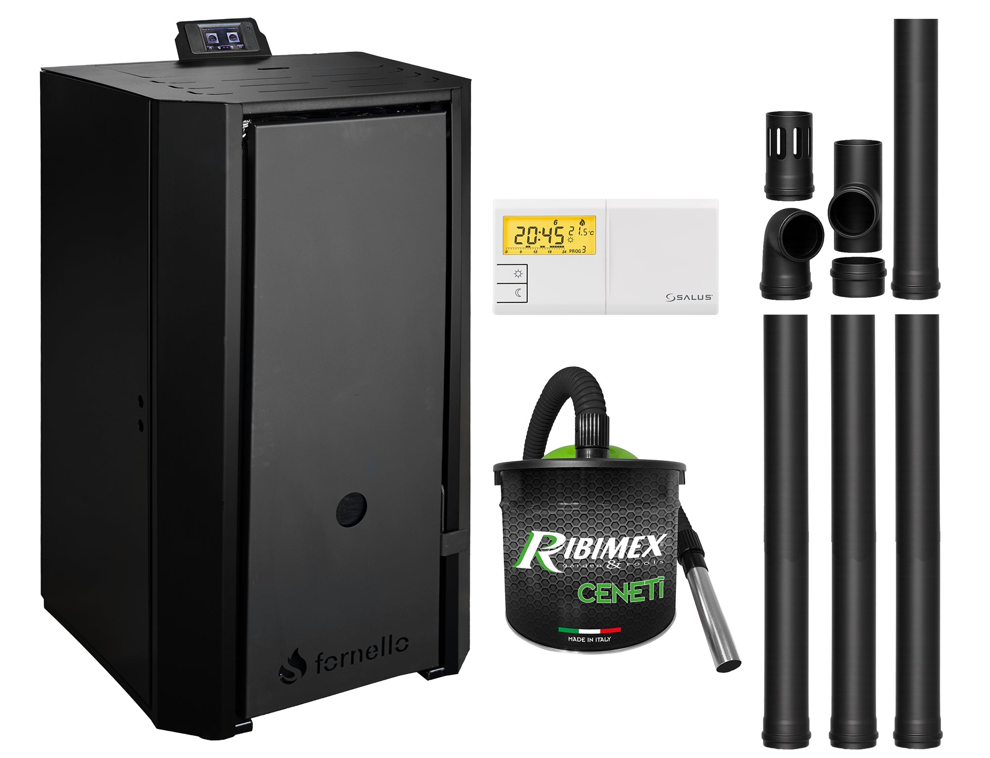 Pachet Centrala pe peleti Fornello EVA B Black 30 kW, pompa