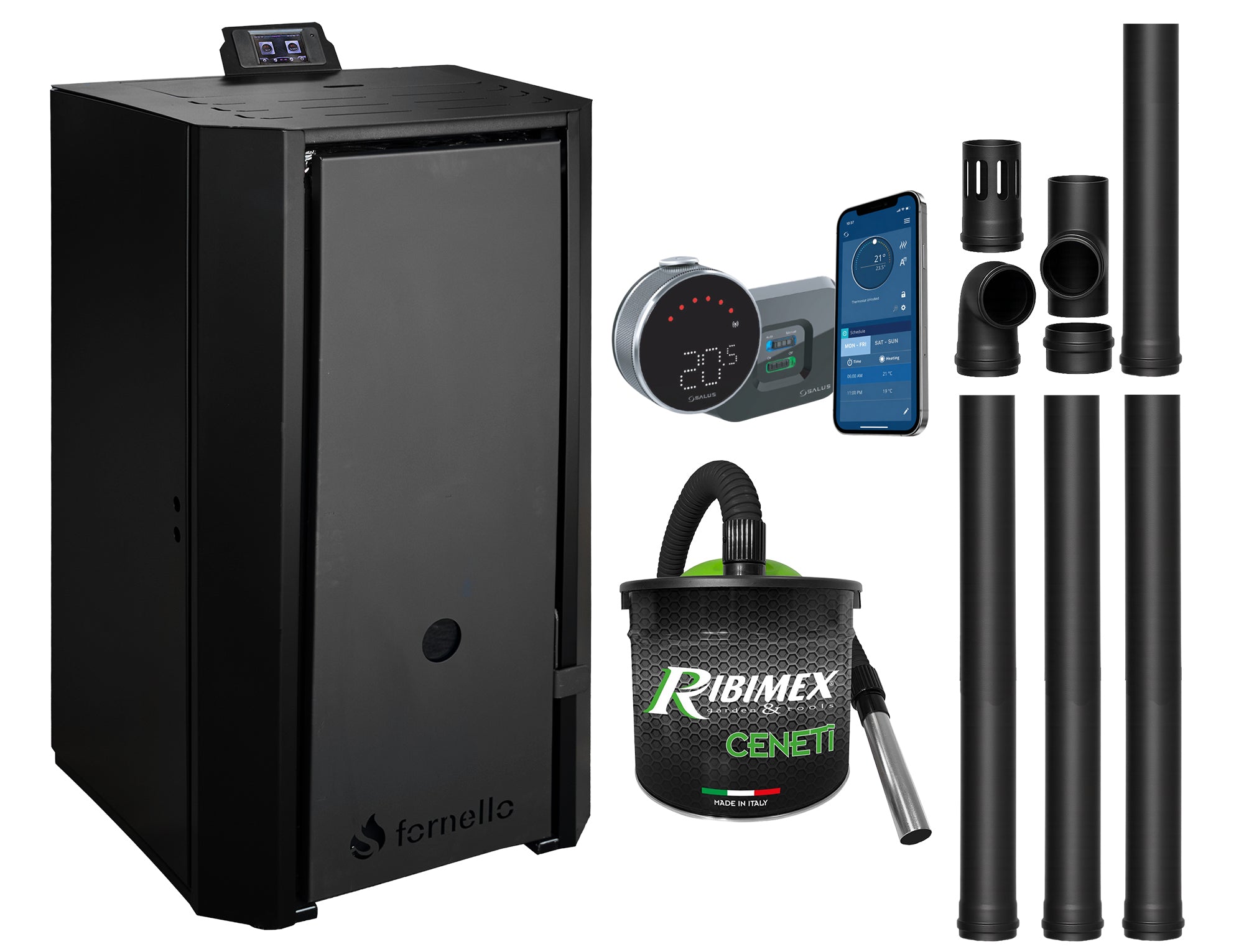 Pachet Centrala pe peleti Fornello EVA B Black 30 kW, pompa