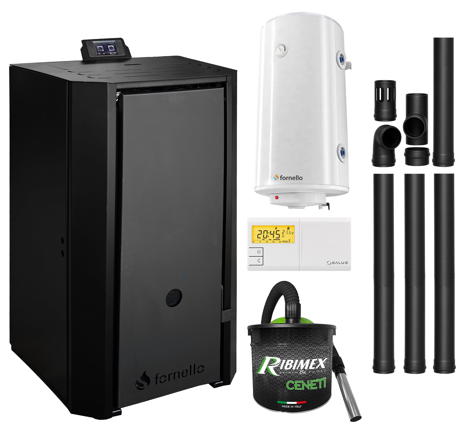 Pachet Centrala pe peleti Fornello EVA B Black 30 kW, pompa