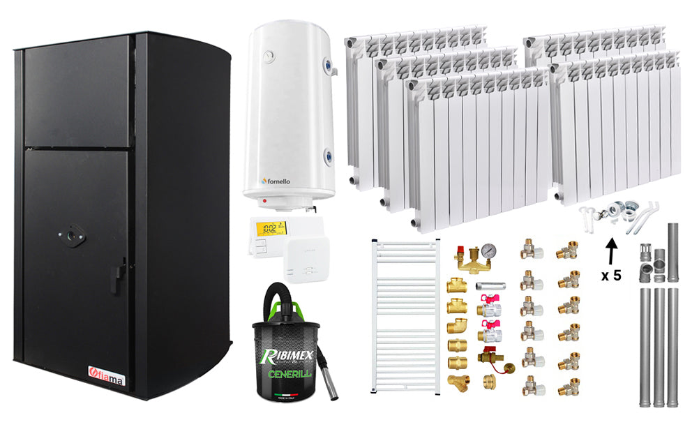 Pachet Centrala pe peleti Fornello Fiama Confort B 25 kw, Pompa, Vas expansiune, Automatizare, Calorifere aluminiu Fornello Alvo, Boiler 100 litri, Termostat, Aspirator, Kit 3.5 ml si Fitinguri montaj