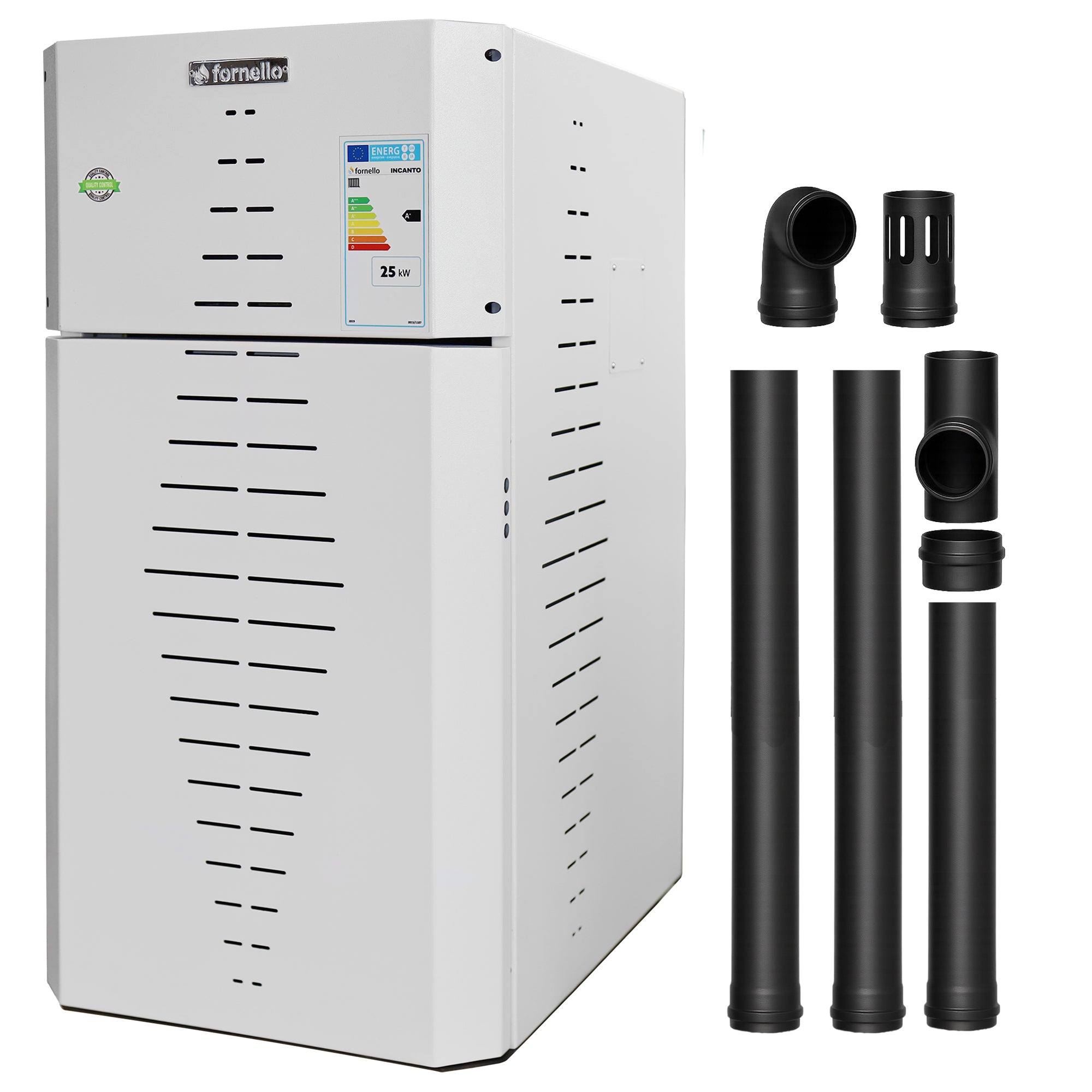 Pachet centrala pe peleti Fornello INCANTO COMPACT 25 kW, pompa electronica, vas expansiune, arzator inox, grup de siguranta, kit evacuare 2.5 ml, sistem de curatare MECANICA a creuzetului si drumurilor de fum, culoare alb