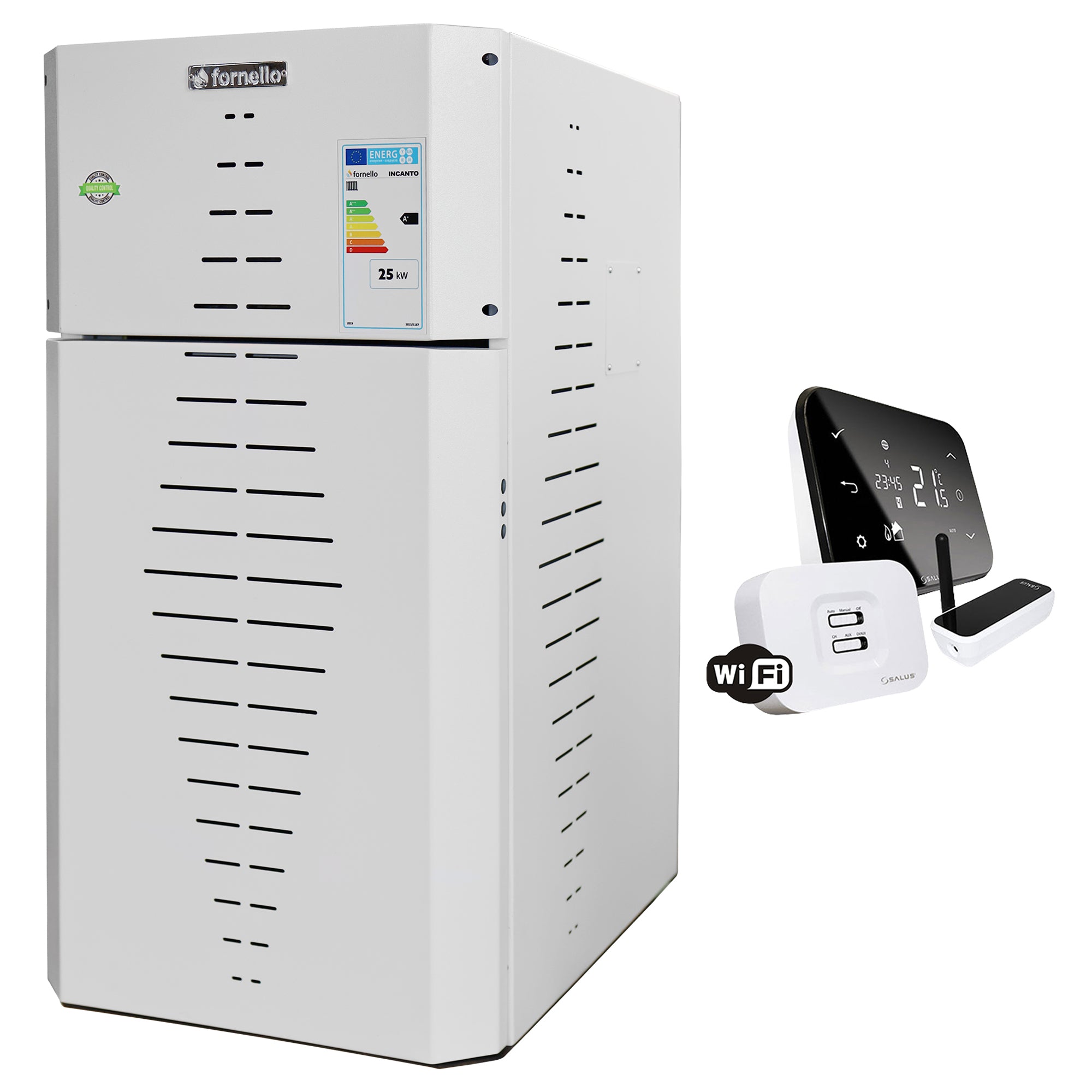 Pachet centrala pe peleti Fornello INCANTO COMPACT 25 kW, pompa electronica, vas expansiune, arzator inox, grup de siguranta, termostat wifi salus IT500, sistem de curatare MECANICA a creuzetului si drumurilor de fum, culoare alb