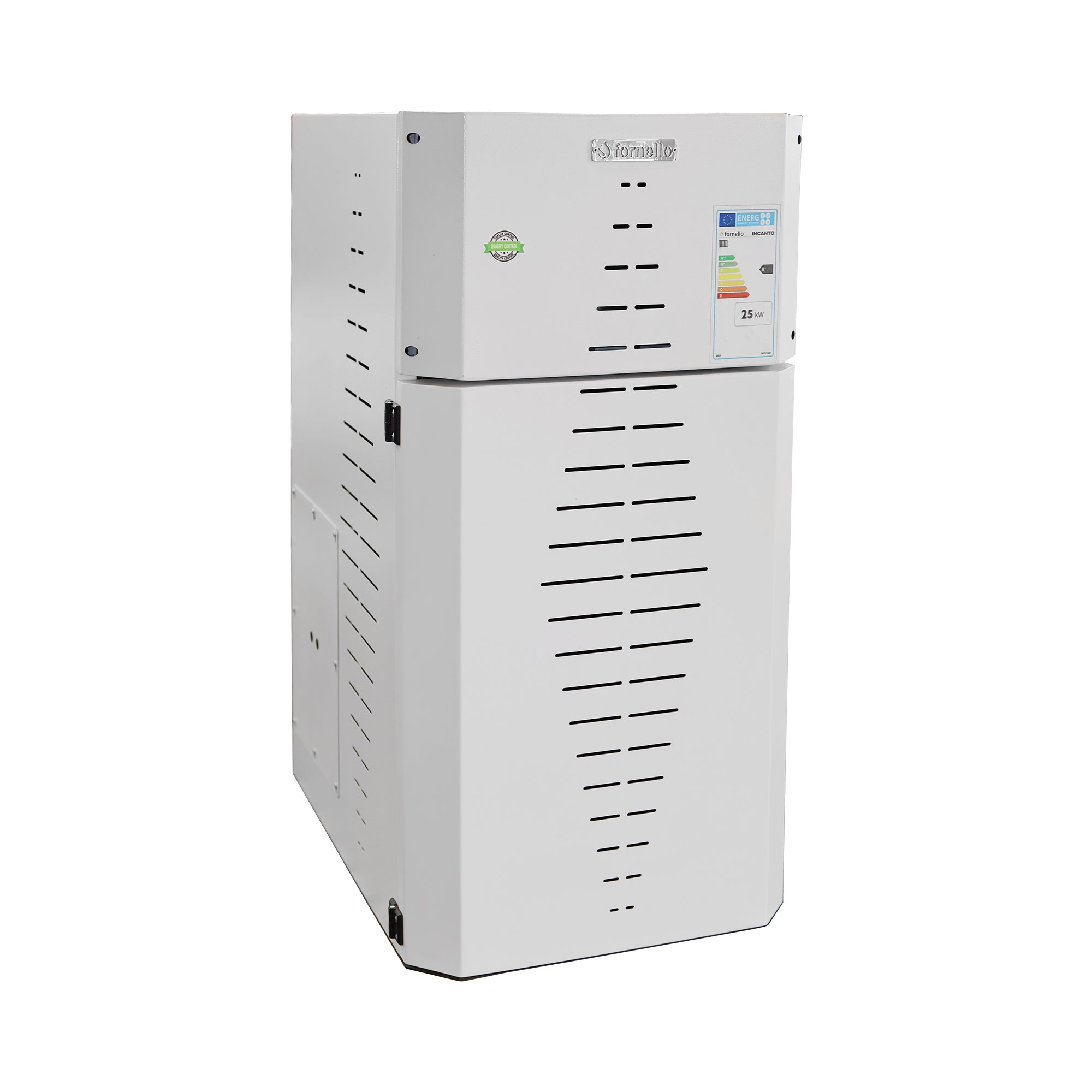 Pachet centrala pe peleti Fornello INCANTO COMPACT 25 kW, pompa electronica, vas expansiune, arzator inox, grup de siguranta, termostat wifi salus IT500, sistem de curatare MECANICA a creuzetului si drumurilor de fum, culoare alb