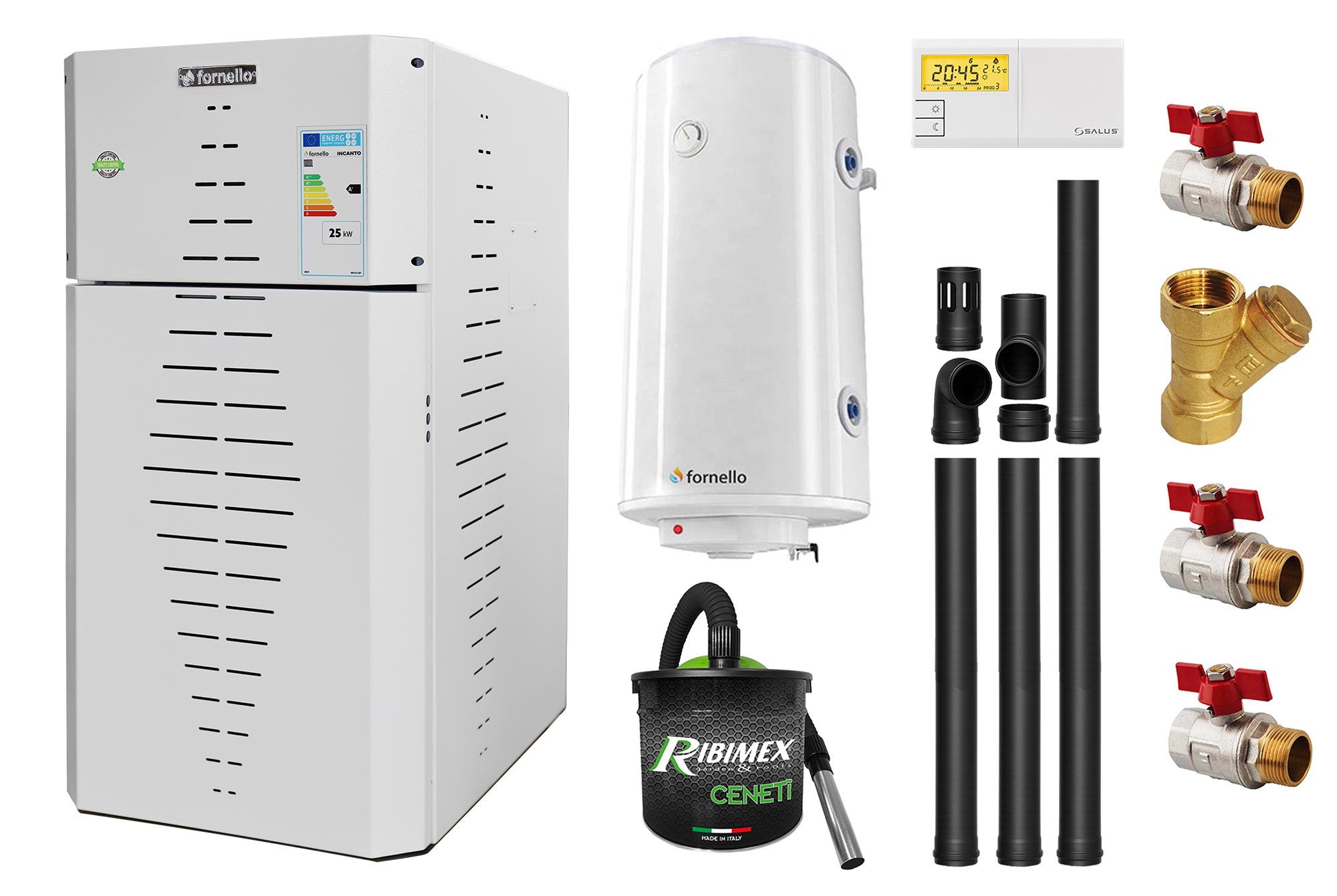Pachet centrala pe peleti Fornello INCANTO COMPACT 25 kW, pompa electronica, vas expansiune, arzator inox, grup de siguranta, kit evacuare 3.5 ml, termostat, aspiratior, boiler 100L si Fitinguri montaj