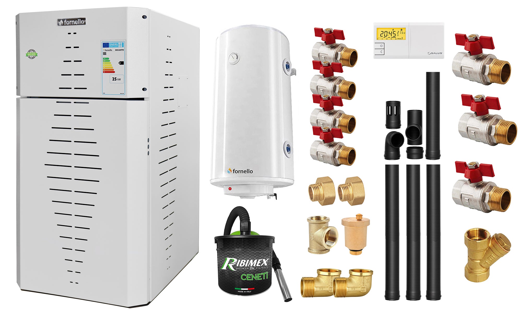 Pachet centrala pe peleti Fornello INCANTO COMPACT 25 kW, pompa electronica, vas expansiune, arzator inox, grup de siguranta, kit evacuare 3.5 ml, termostat, aspiratior, boiler 100L si Fitinguri montaj centrala/boiler