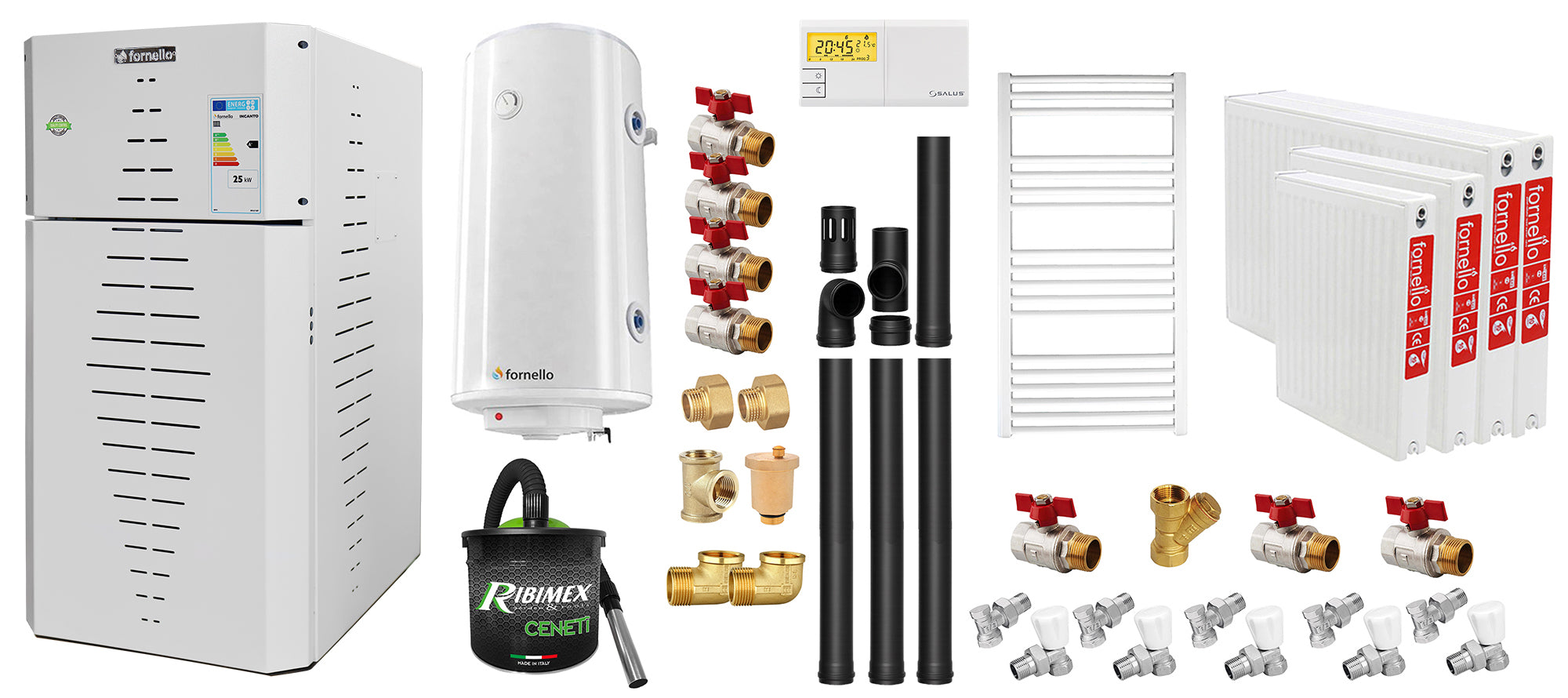 Pachet centrala pe peleti Fornello INCANTO COMPACT 25 kW, pompa electronica, vas expansiune, arzator inox, grup de siguranta, kit evacuare 3.5 ml, termostat, aspiratior, boiler 100L, Radiatoare otel si Fitinguri montaj