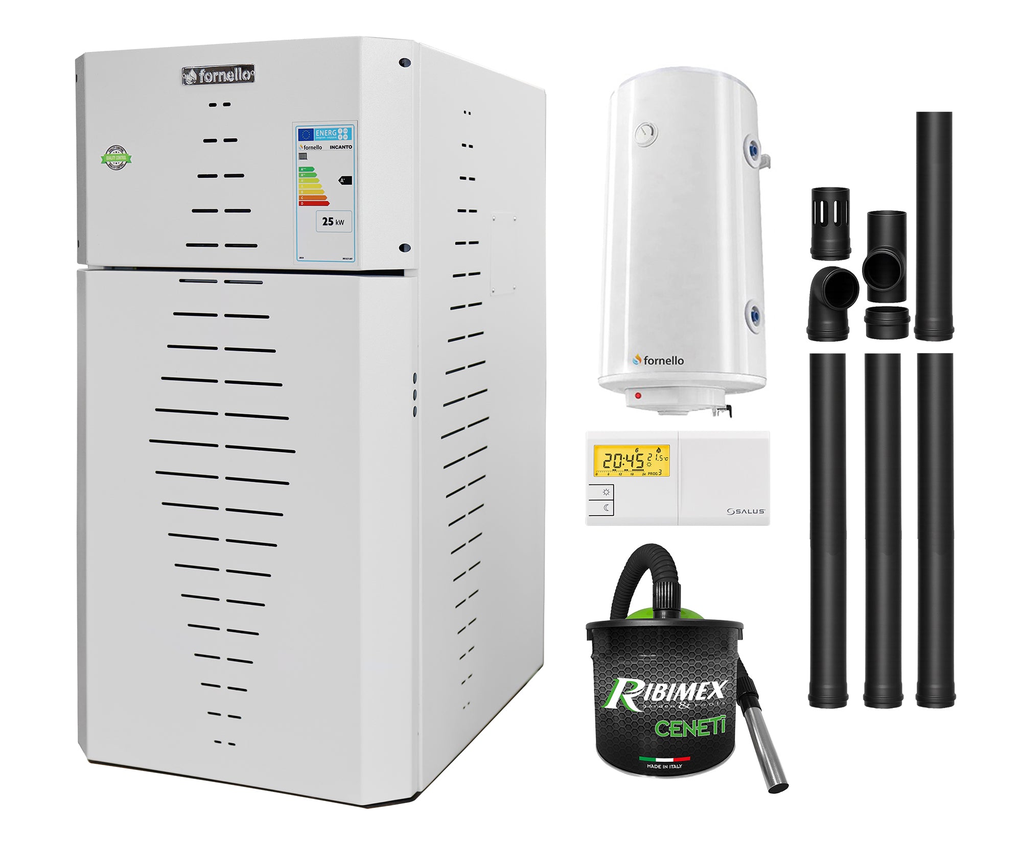 Pachet centrala pe peleti Fornello INCANTO COMPACT 35 kW, pompa electronica, vas expansiune, arzator inox, grup de siguranta, kit evacuare, termostat Salus 091FLRFV2, aspiratior, boiler 100L, sistem de curatare MECANICA a creuzetului si drumurilor de