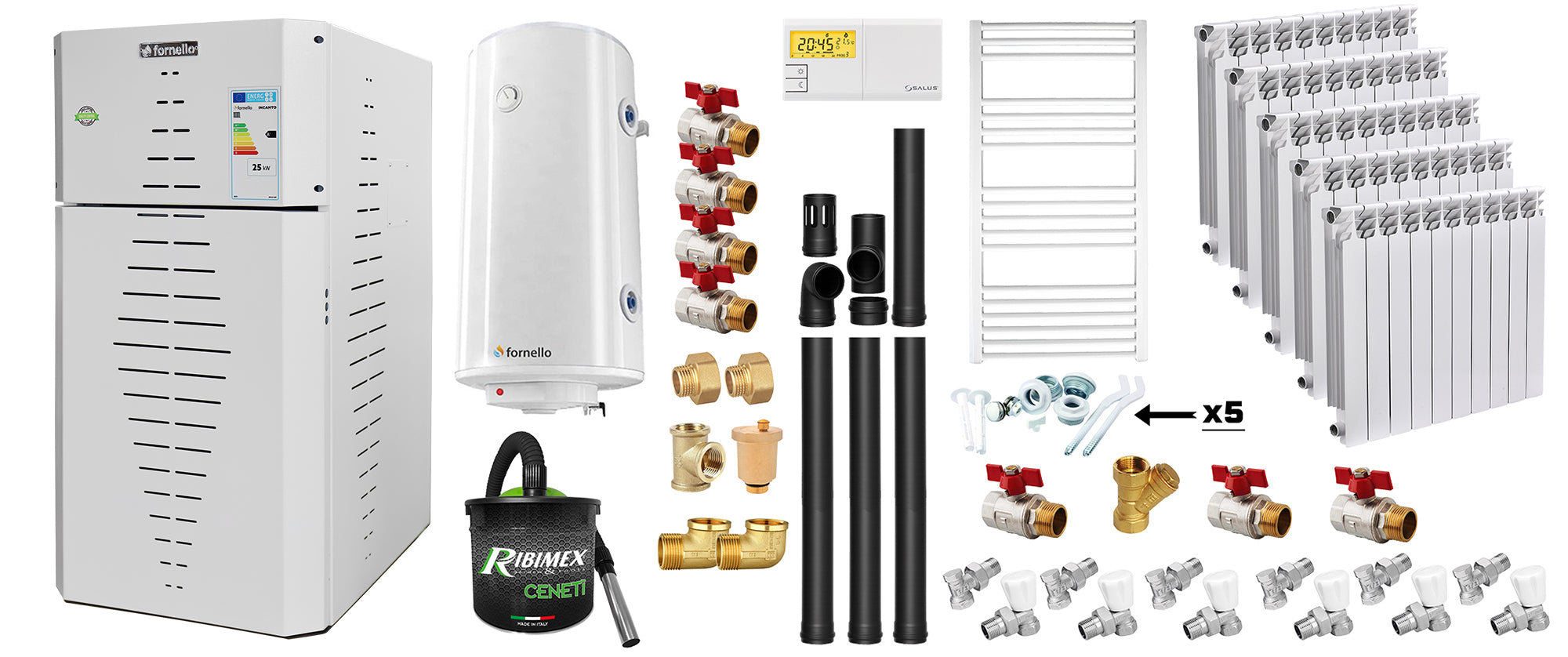 Pachet centrala pe peleti Fornello INCANTO COMPACT 35 kW, pompa electronica, vas expansiune, arzator inox, grup de siguranta, kit evacuare 3.5 ml, termostat, aspiratior, boiler 100L, Radiatoare Aluminiu si Fitinguri montaj