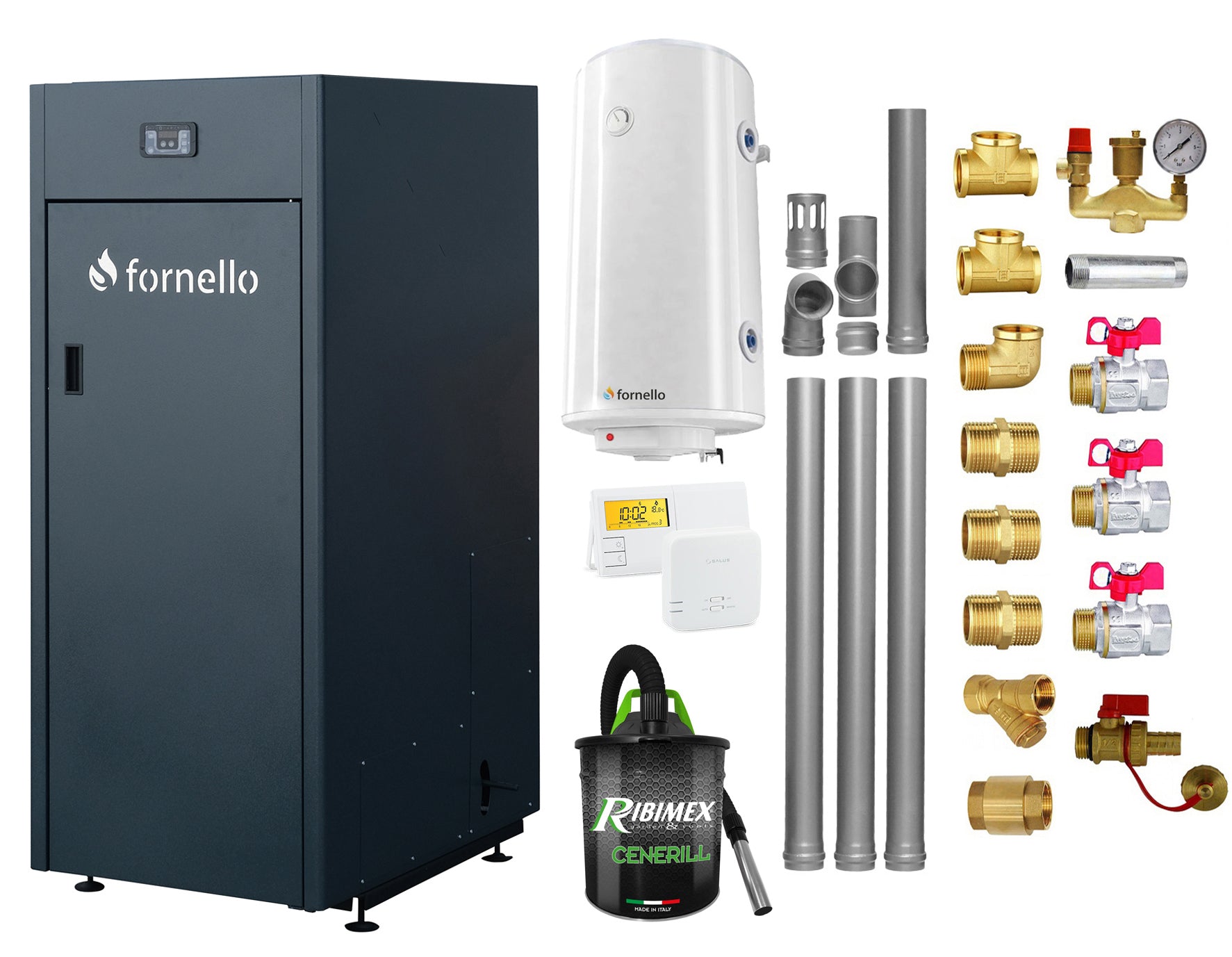 Pachet Centrala pe peleti Fornello King Plus 25 KW, boiler, termostat, aspirator, kit evacuare, fitinguri, pompa de circulatie, vas de expansiune, supapa de siguranta, automatizare, rezervor pentru peleti 100 kg, creuzet din fonta, tiraj fortat