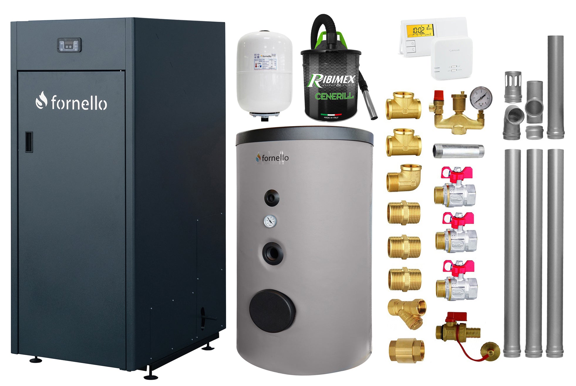Pachet Centrala pe peleti Fornello King Plus 25 KW, boiler de sol, termostat, aspirator, kit evacuare, fitinguri, pompa de circulatie, vas de expansiune, supapa de siguranta, automatizare, rezervor pentru peleti 100 kg, creuzet din fonta, tiraj forta
