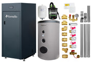 Pachet Centrala pe peleti Fornello King Plus 25 KW, boiler de sol, termostat, aspirator, kit evacuare, fitinguri, pompa de circulatie, vas de expansiune, supapa de siguranta, automatizare, rezervor pentru peleti 100 kg, creuzet din fonta, tiraj forta
