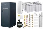 Pachet Centrala pe peleti Fornello King Plus 25 KW, calorifere aluminiu, boiler, termostat, aspirator, kit evacuare, fitinguri, pompa de circulatie, vas de expansiune, supapa de siguranta, automatizare, rezervor pentru peleti 100 kg, creuzet din fonta