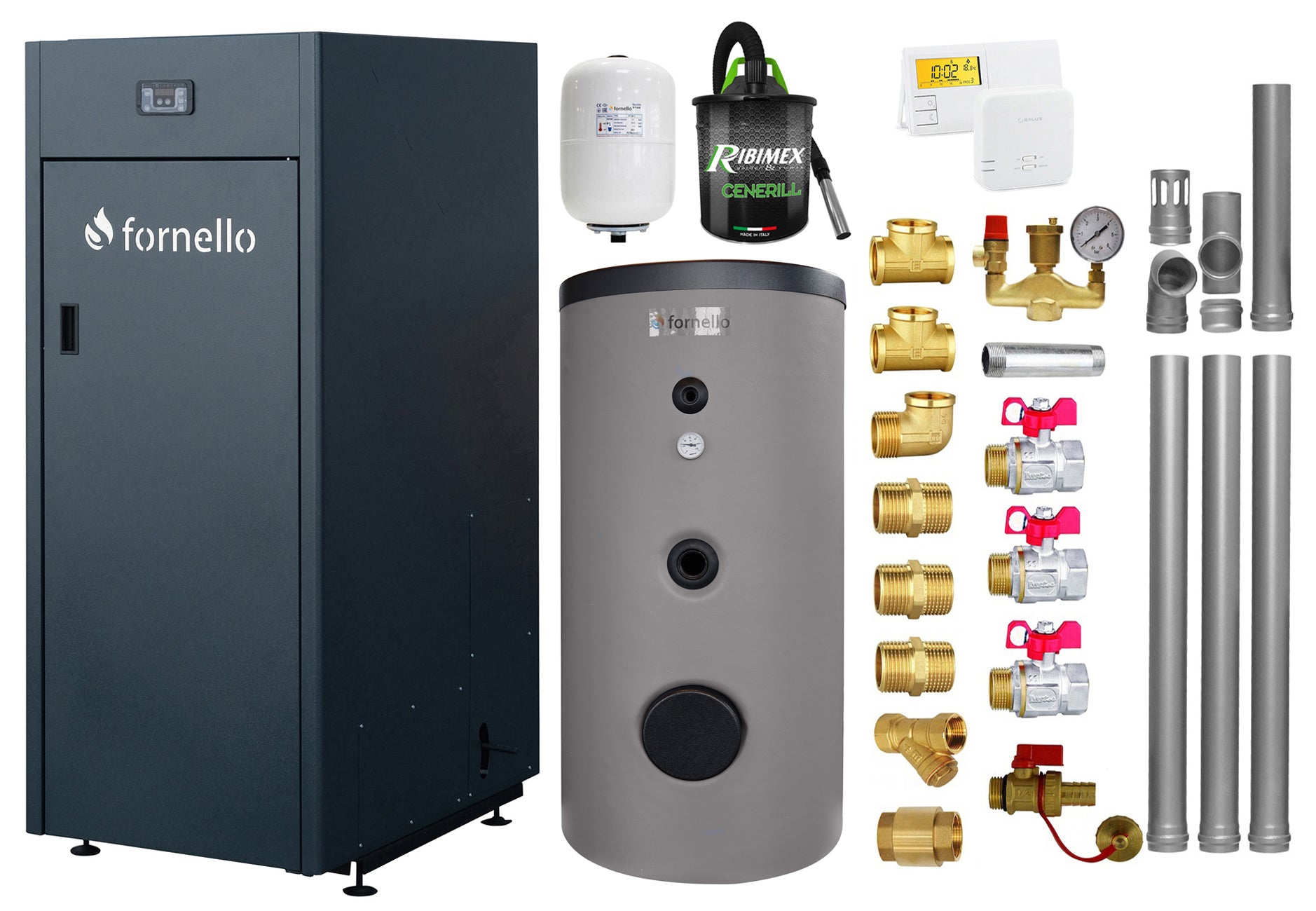 Pachet Centrala pe peleti Fornello King Plus 35 KW, boiler de sol, termostat, aspirator, kit evacuare, fitinguri, pompa de circulatie, vas de expansiune, supapa de siguranta, automatizare, rezervor pentru peleti 145 kg, creuzet din fonta, tiraj forta