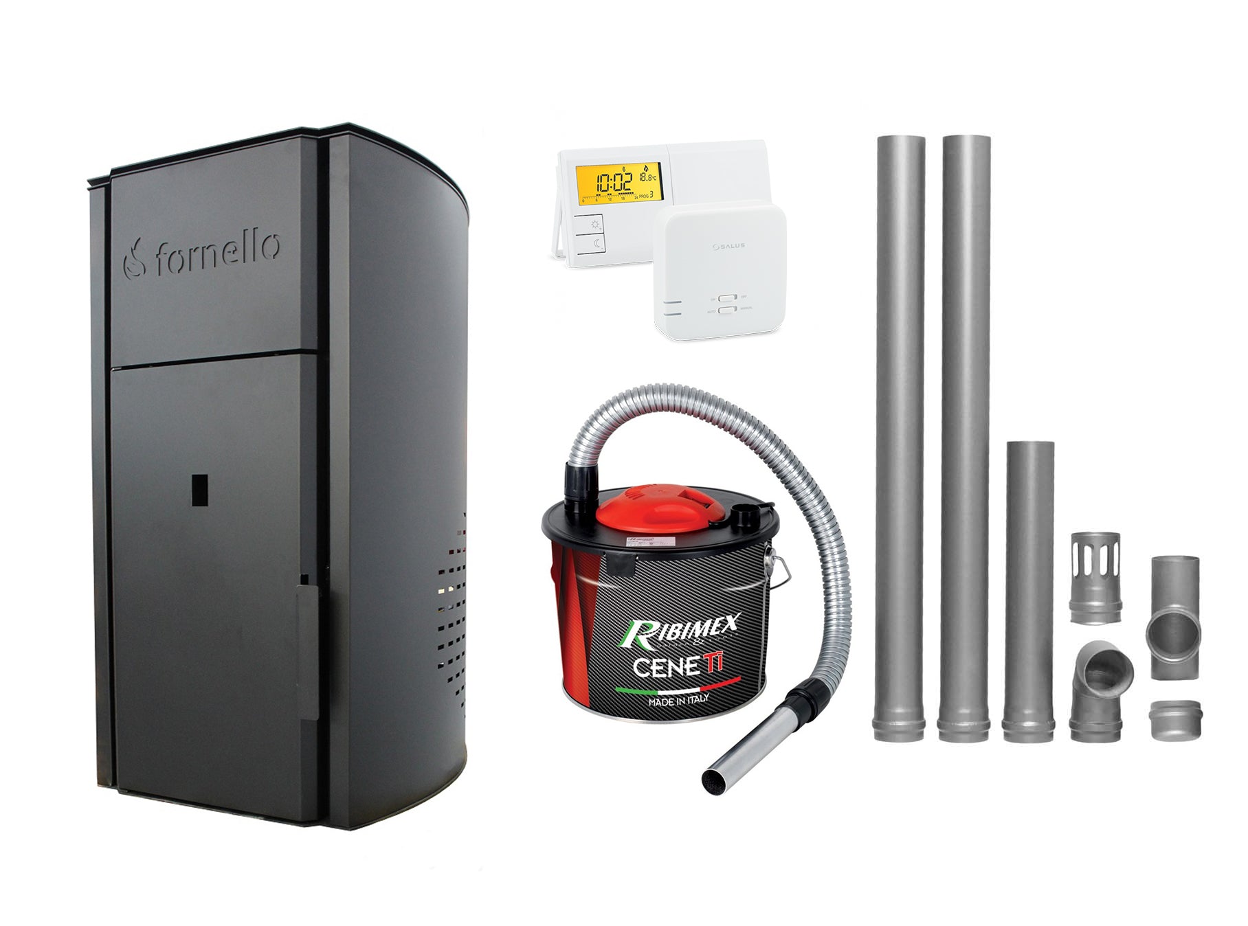 Pachet Centrala pe peleti Fornello Royal Black 25 kW, complet echipata cu pompa, vas expansiune, automatizare, culoare negru, kit evacuare 2.5 ml, Termostat Radio Comanda Salus 091FLRFV2 si Aspirator Cenusa
