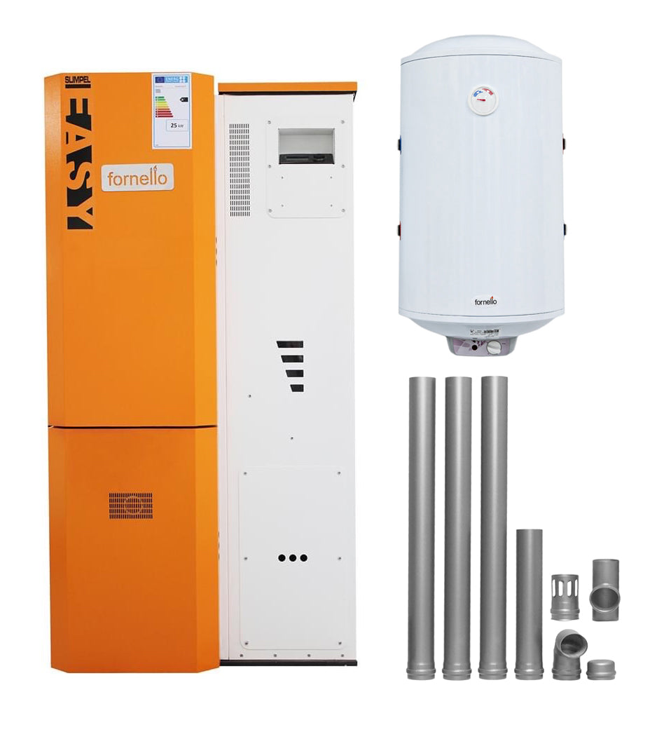 Pachet Centrala pe peleti Fornello Slimpell Easy 25 kw, arzator inox, pompa de circulatie, pompa electronica Grundfos, A+, Boiler Termoelectric Fornello 100l, kit evacuare 100 mm, 3,5 metri si reductie 100 -120 mm