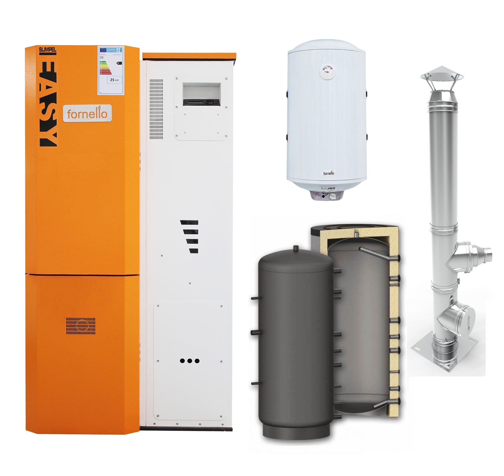 Pachet Centrala pe peleti Fornello Slimpel Easy 25 kw, arzator inox, pompa de circulatie, tiraj fortat 80 mm, pompa electronica Grundfos, sistem curatare mecanica, A+, Puffer P 500l, Cos inox 6 ml 120 mm, Boiler Termoelectric Fornello 100l