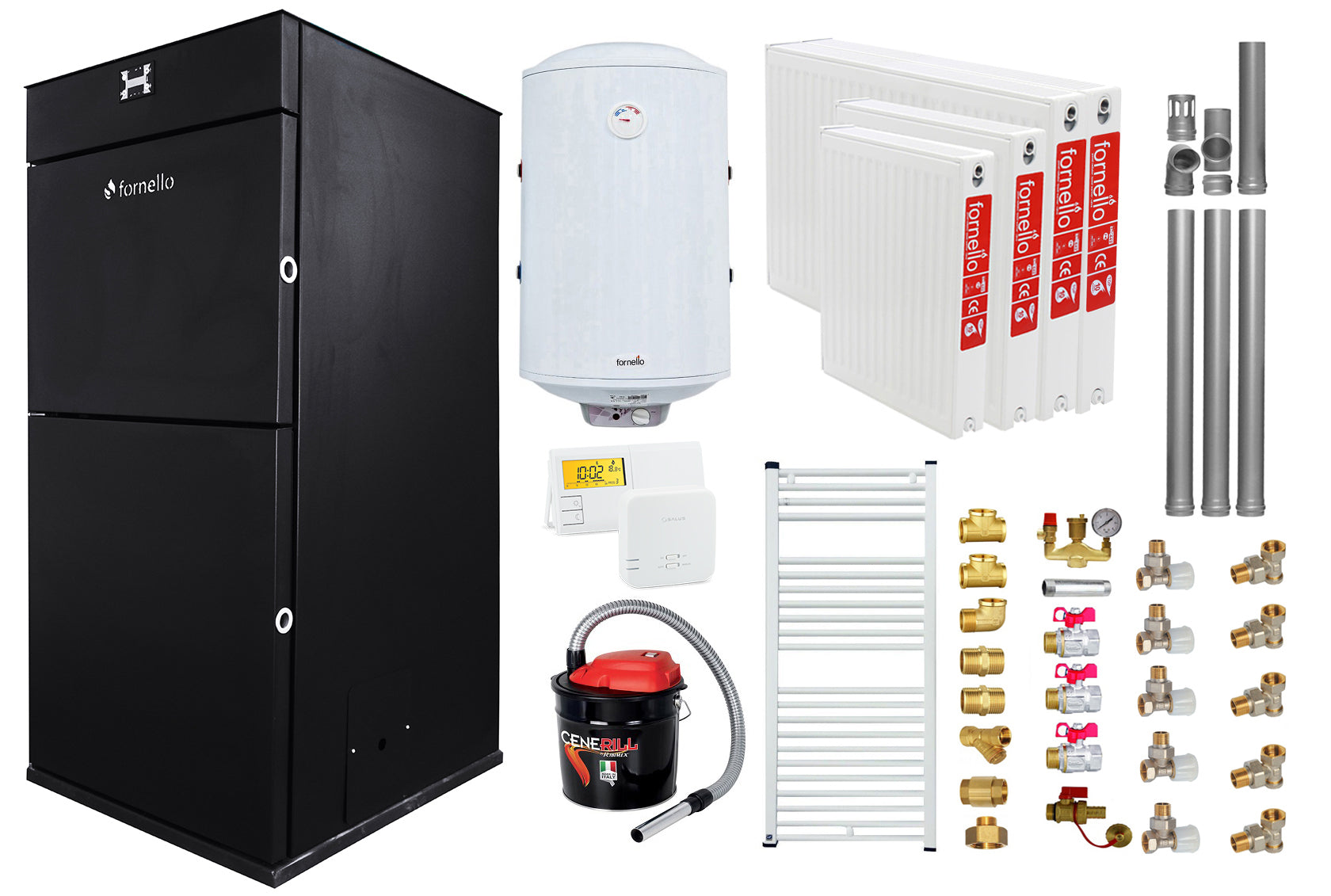 Pachet Centrala pe peleti Fornello Pellet King 25 kw, complet echipata, pompa circulatie, vas expansiune, automatizare, kit evacuare 3.5 ml, Boiler Termoelectric Fornello 100 l, Termostat Radio Comanda Salus 091FLRFV2, Aspirator, Radiatoare si kit mo