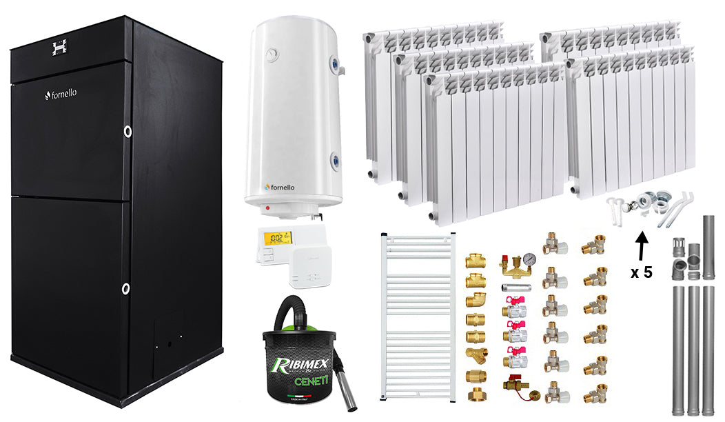 Pachet Centrala pe peleti Fornello Pellet King 25 kw, complet echipata, pompa circulatie, vas expansiune, automatizare, Calorifere aluminiu Fornello Alvo, Boiler, kit evacuare 3.5 ml, Aspirator, Termostat si Fitinguri