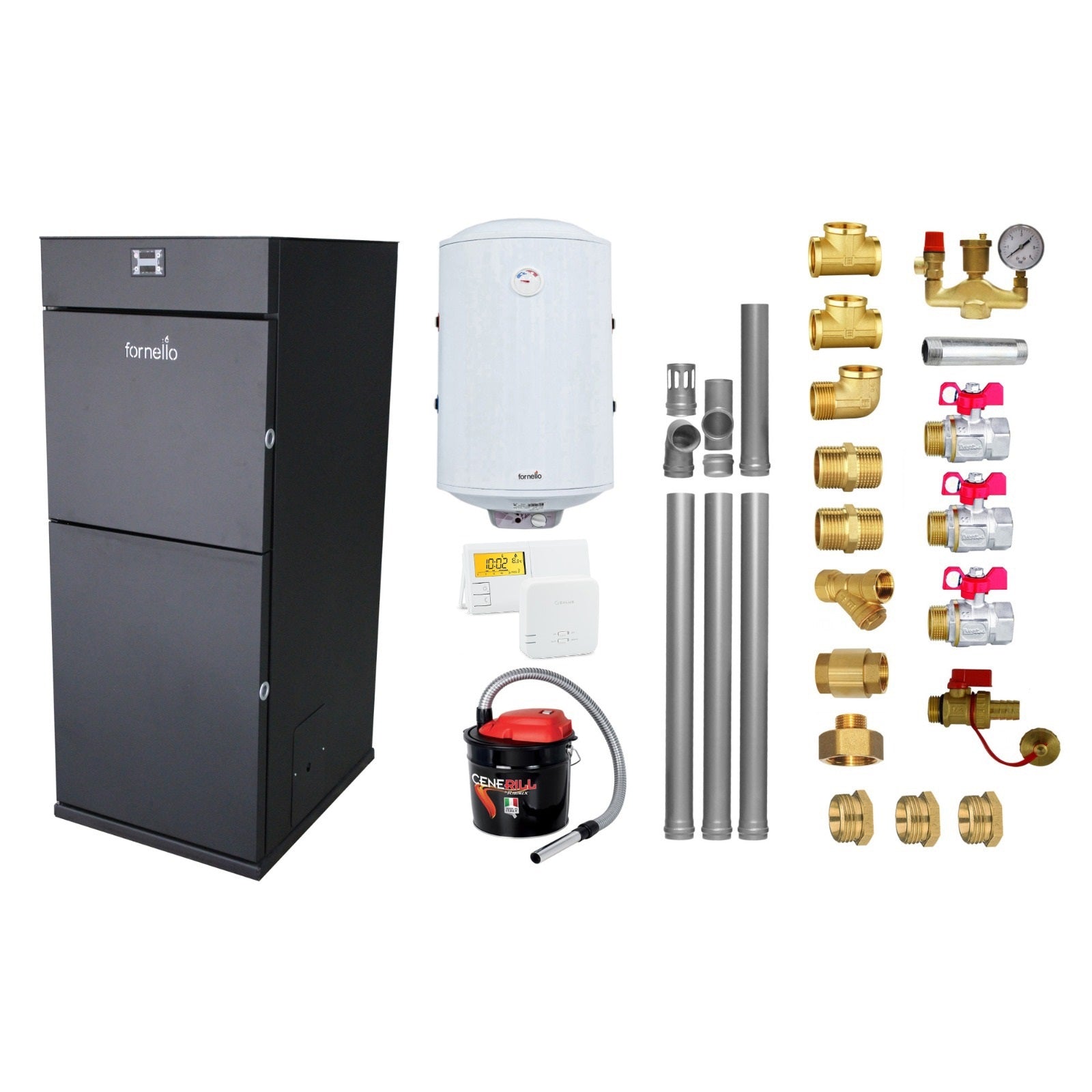 Pachet Centrala pe peleti Fornello Pellet King 30 kw, complet echipata pentru incalzire, pompa circulatie, vas expansiune, automatizare, kit evacuare 3.5 ml, Boiler Termoelectric Fornello 100 l, Termostat SALUS 091FLRF, Aspirator si kit montaj