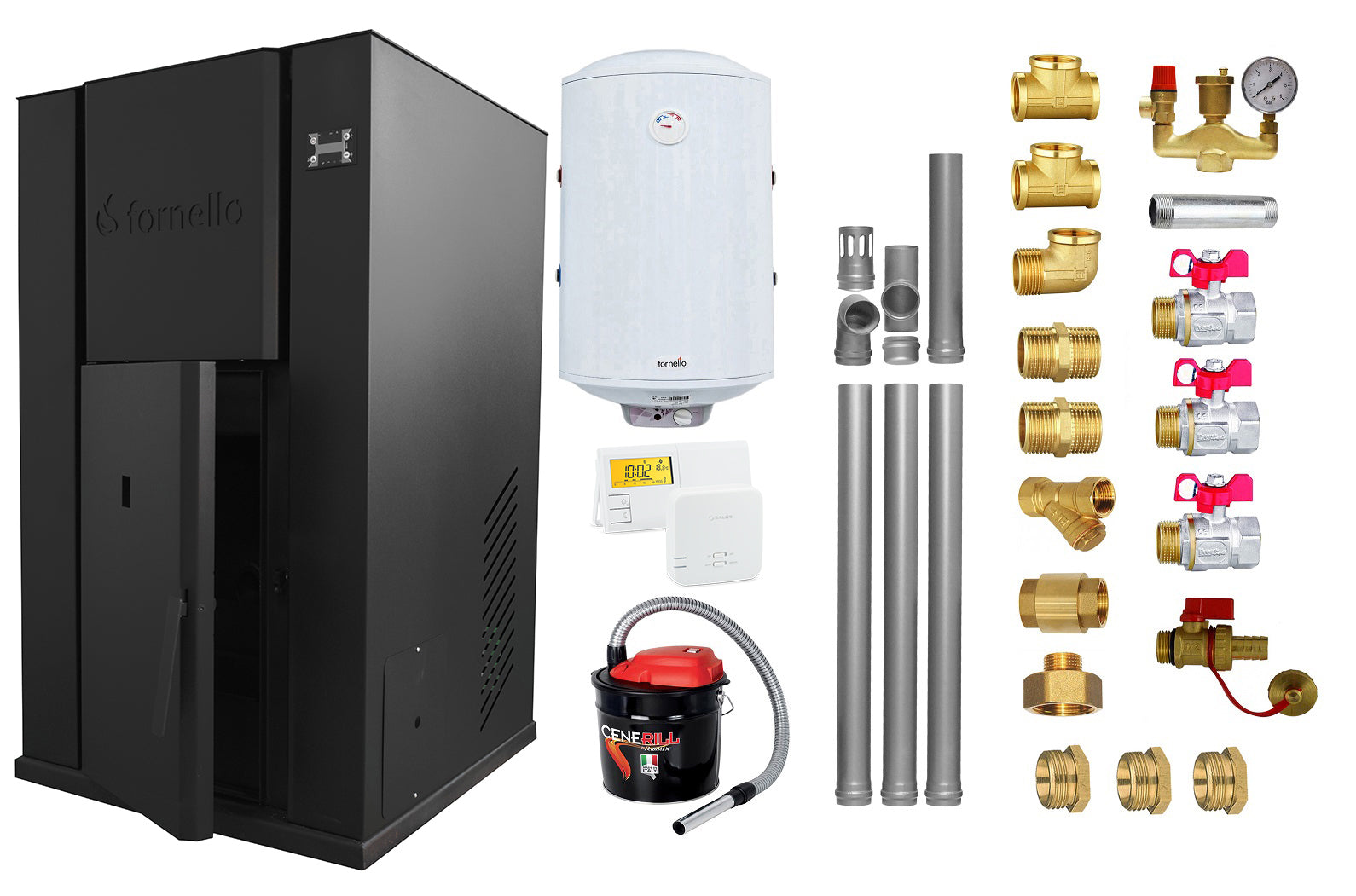 Pachet Centrala pe peleti Fornello Pellet King 40 kw, complet echipata pentru incalzire, pompa circulatie, vas expansiune, automatizare, kit evacuare 3.5 ml, Boiler Termoelectric Fornello 100 l, Termostat Salus 091FLRFV2, Aspirator si kit montaj