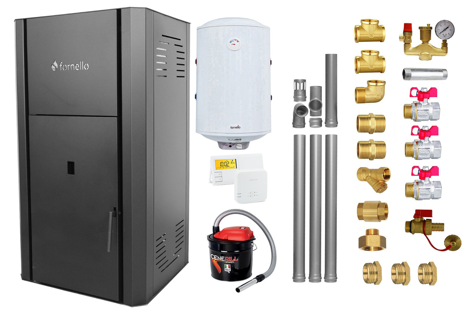 Pachet Centrala pe peleti Fornello Primo Pellet Black 30 kw, complet echipata pentru incalzire, pompa, vas expansiune, automatizare, kit evacuare 3.5 ml, Boiler Termoelectric Fornello 100 l, Termostat Salus 091FLRFV2, Aspirator si kit montaj