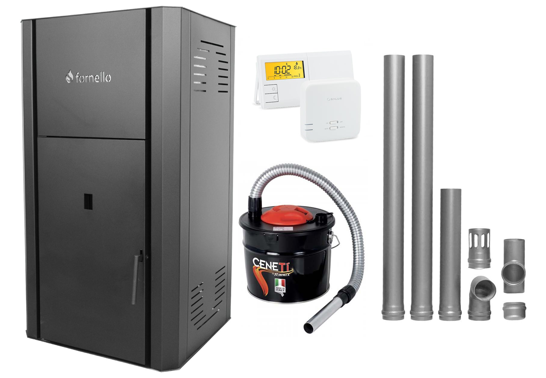Pachet Centrala pe peleti Fornello Primo Pellet Black 30 kw, complet echipata cu pompa, vas expansiune, automatizare, culoare negru, kit evacuare 2.5 ml, Termostat Salus 091FLRFV2, Aspirator Cenusa