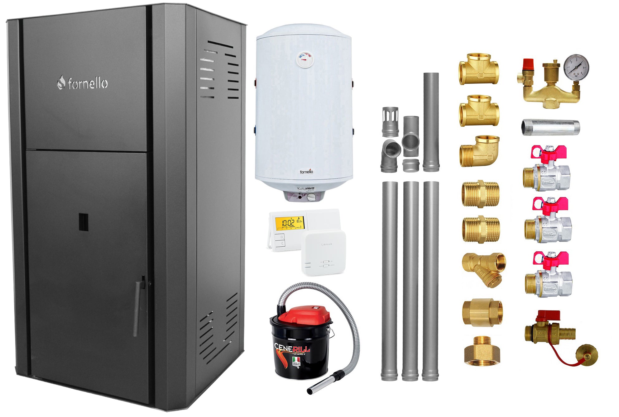 Pachet Centrala pe peleti Fornello Primo Pellet Black 25 kw, complet echipata pentru incalzire, pompa, vas expansiune, automatizare, kit evacuare 3.5 ml, Boiler Termoelectric Fornello 100 l, Termostat Salus 091FLRFV2, Aspirator si kit montaj