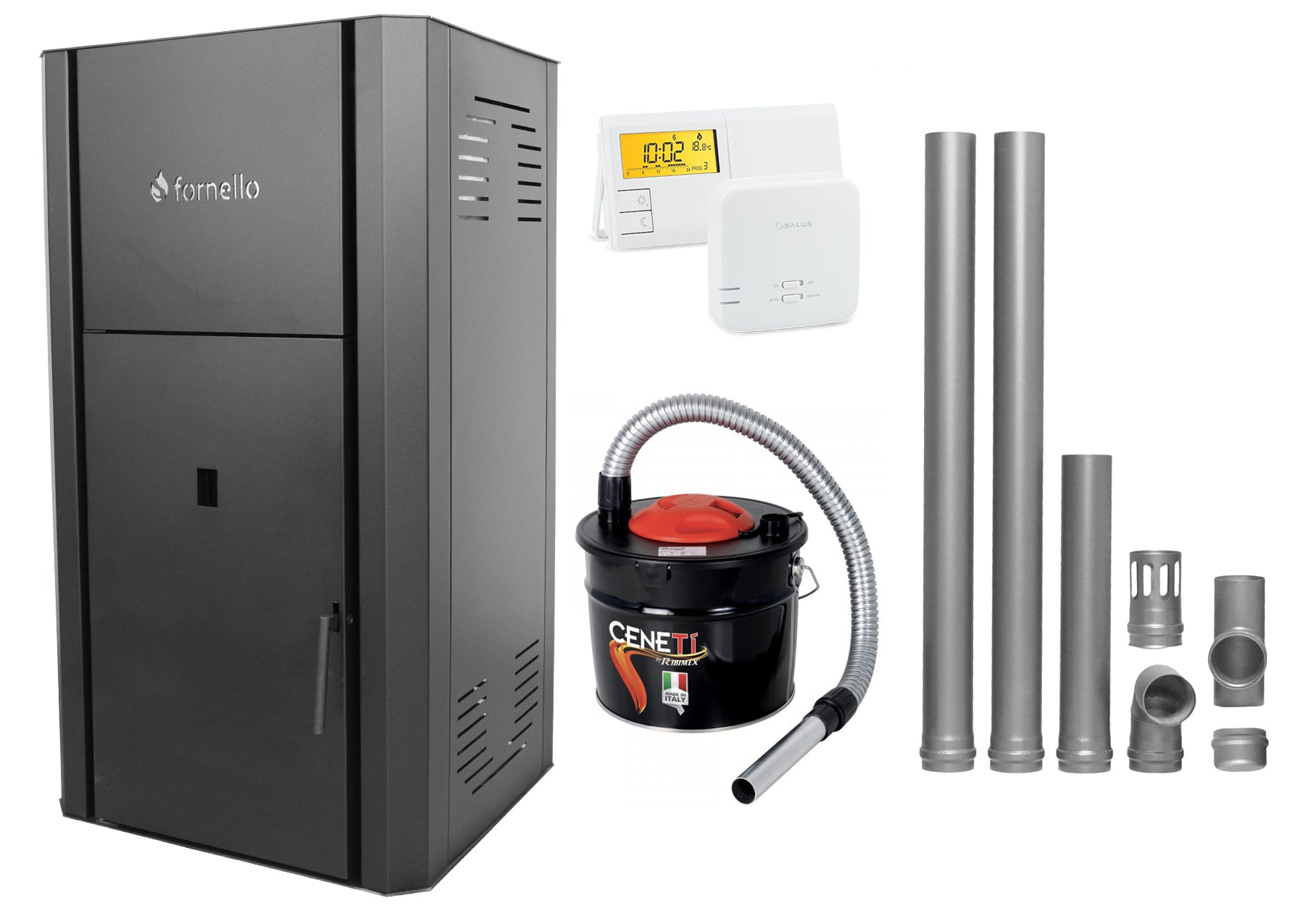 Pachet Centrala pe peleti Fornello Primo Pellet Black 25 kw, complet echipata pentru incalzire, pompa circulatie, vas expansiune, automatizare, kit evacuare 2.5 ml, Termostat Salus 091FLRFV2, Aspirator Cenusa