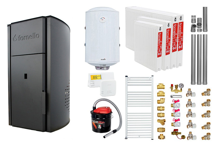 Pachet Centrala pe peleti Fornello Royal B 25 kw, complet echipata pentru incalzire, pompa circulatie, vas expansiune, automatizare, kit evacuare 3.5 ml, Boiler Termoelectric Fornello 100 l, Termostat Salus 091FLRFV2, Aspirator, Radiatoare si kit mo