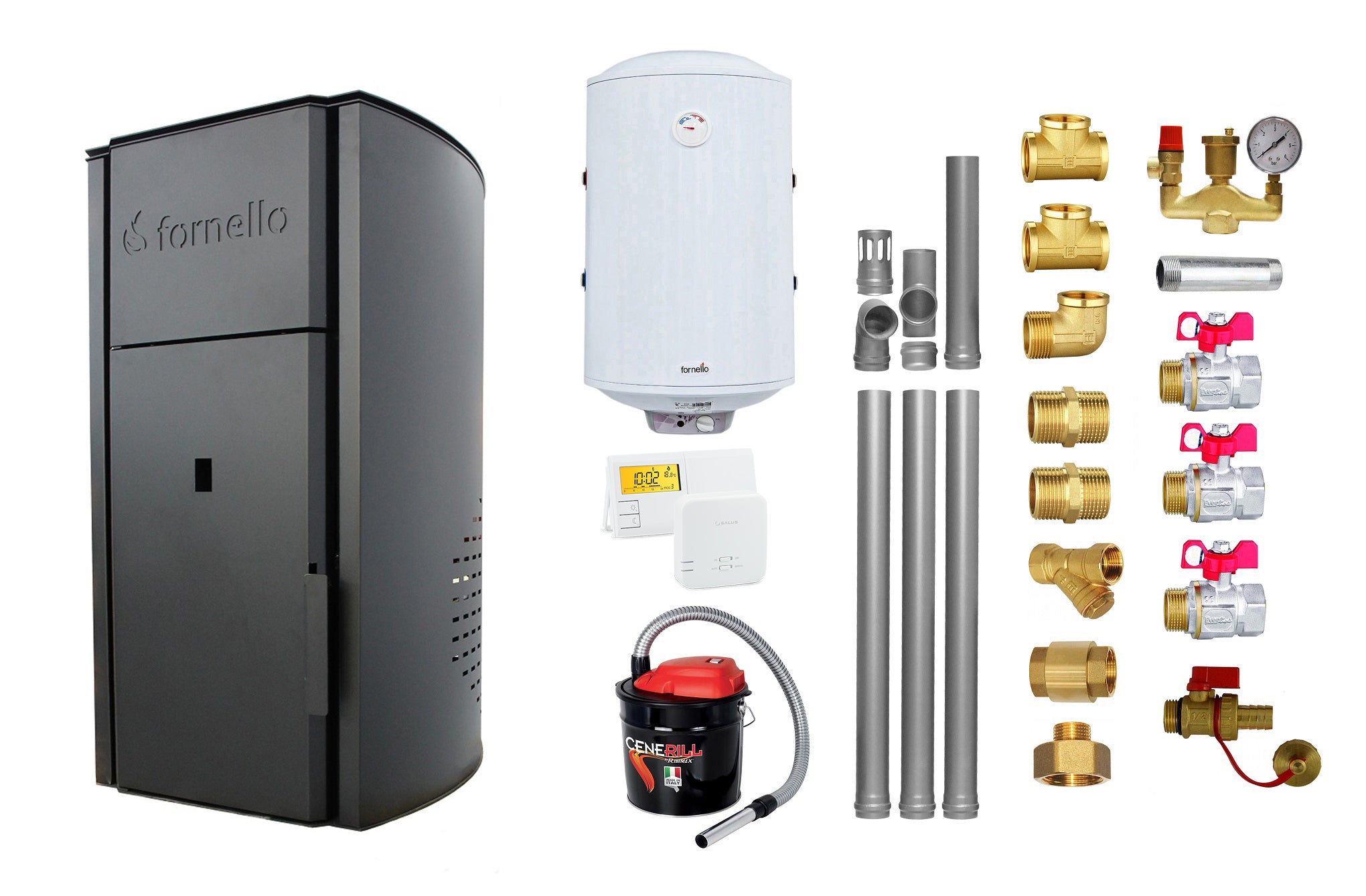 Pachet Centrala pe peleti Fornello Royal B 25 kw, complet echipata pentru incalzire, pompa circulatie, vas expansiune, automatizare, kit evacuare 3.5 ml, Boiler Termoelectric Fornello 100 l, Termostat Salus 091FLRFV2, Aspirator si kit montaj